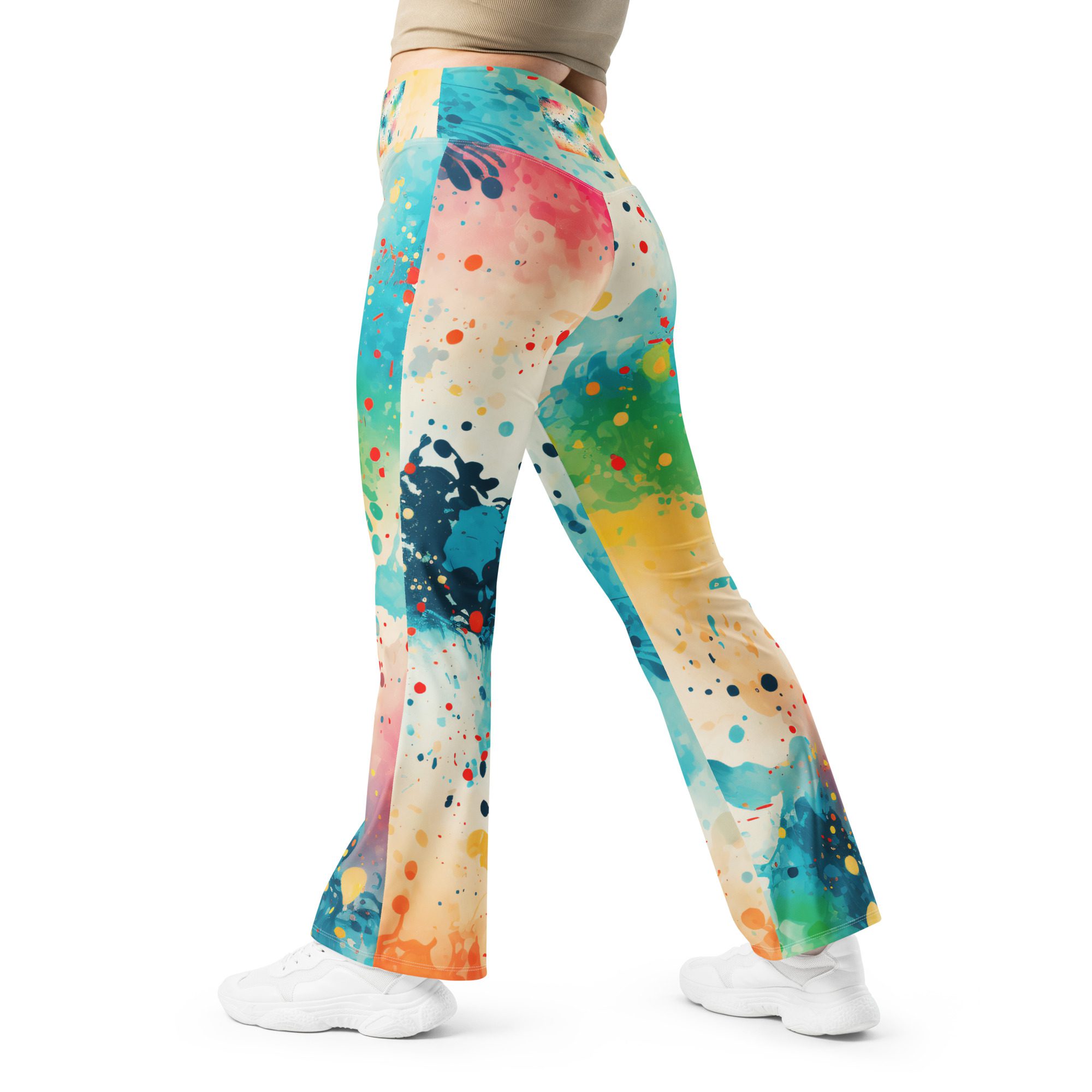Eco-Friendly Flare Leggings for Girls – Beautiful Carnival Beach Colors Green light pink Flare Leggings - Image 5