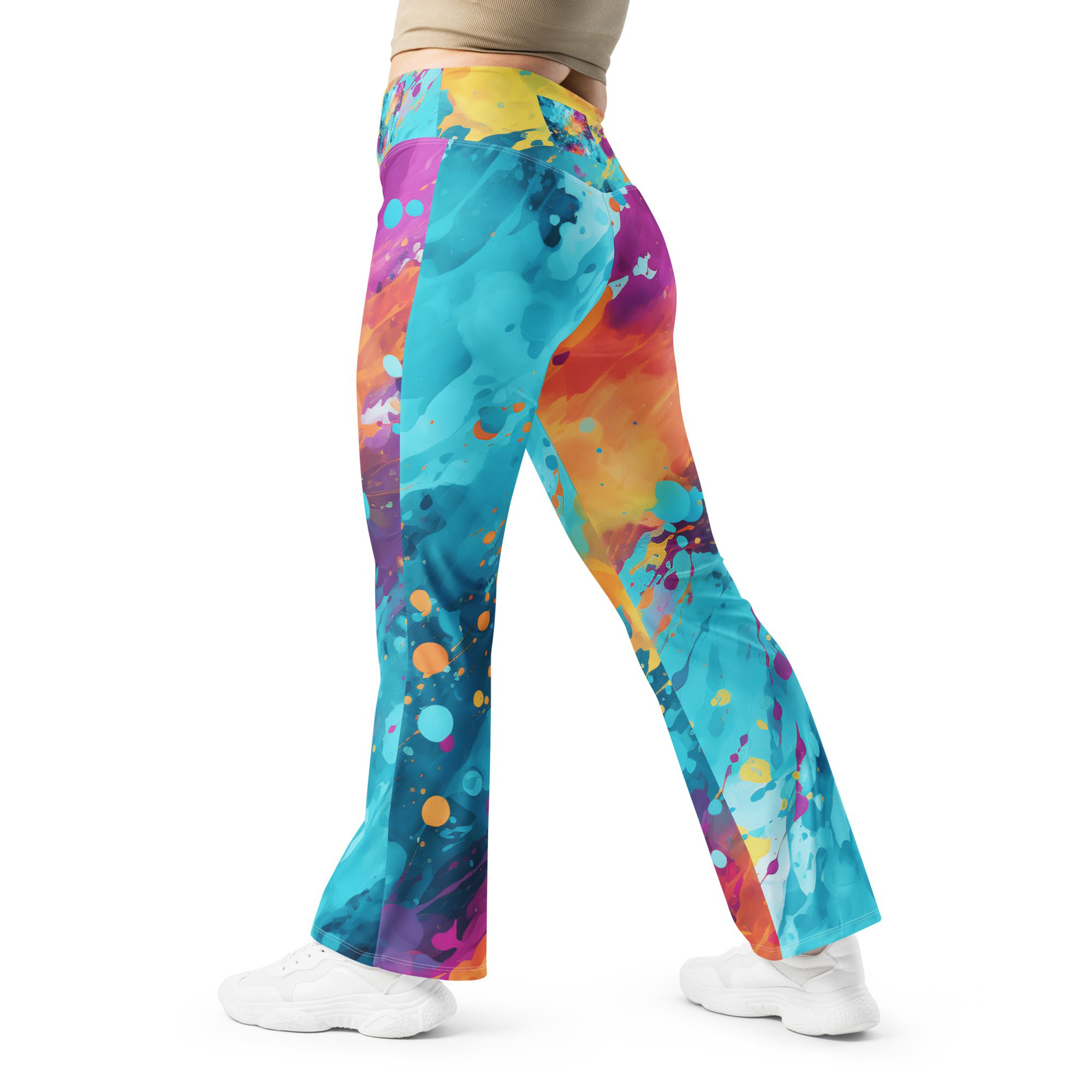 Elevate Your Style and Sustainability with Women's Flared Leggings in Carnival Beach Colors Elegant Orange Green Flare Leggings - Image 5
