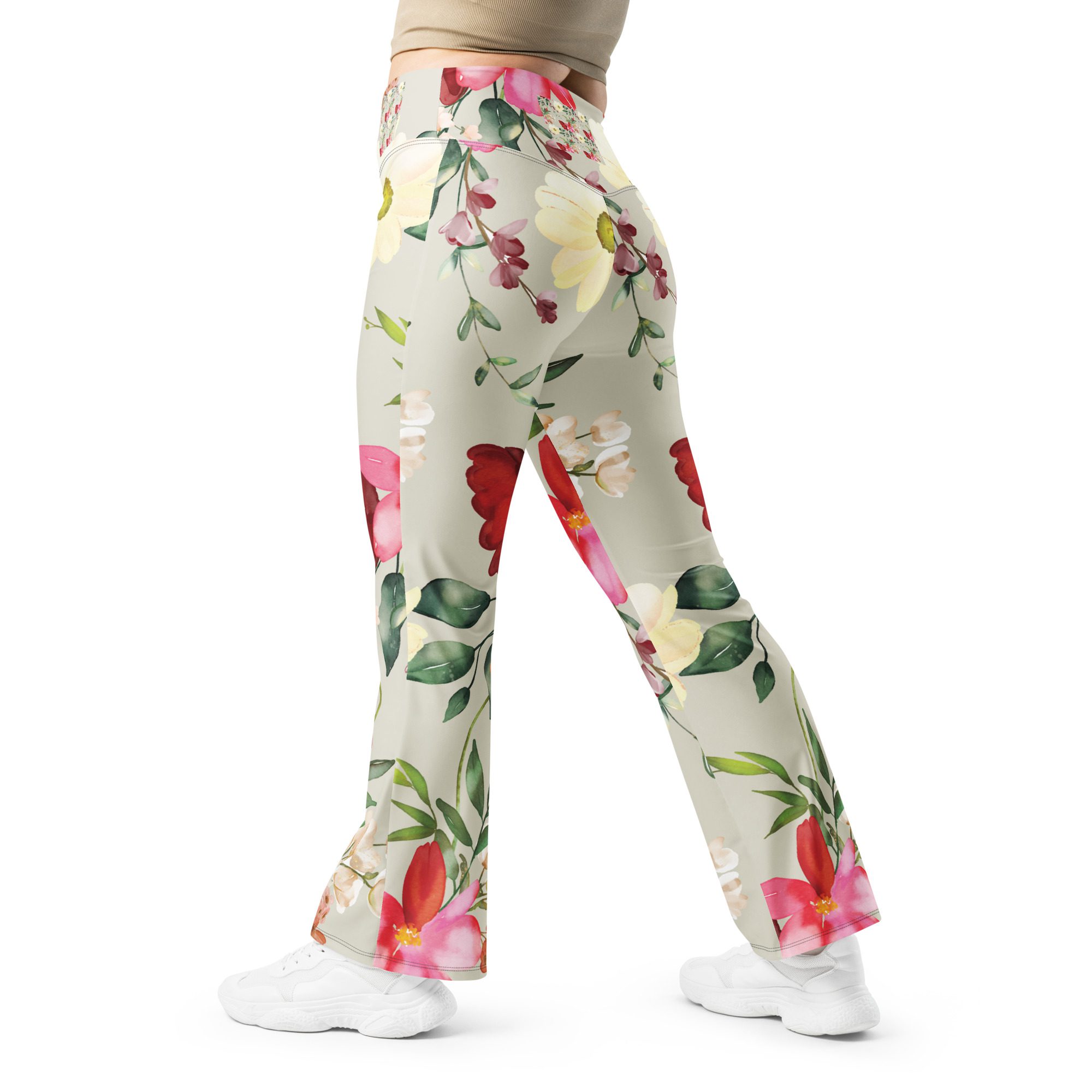 Beautiful Floral Pattern Womens Flare leggings,Bright green background,Pink Rose Flowers,Recycled Materials,High Waisted Leggings,Eco-Friendly Fashion - Image 4