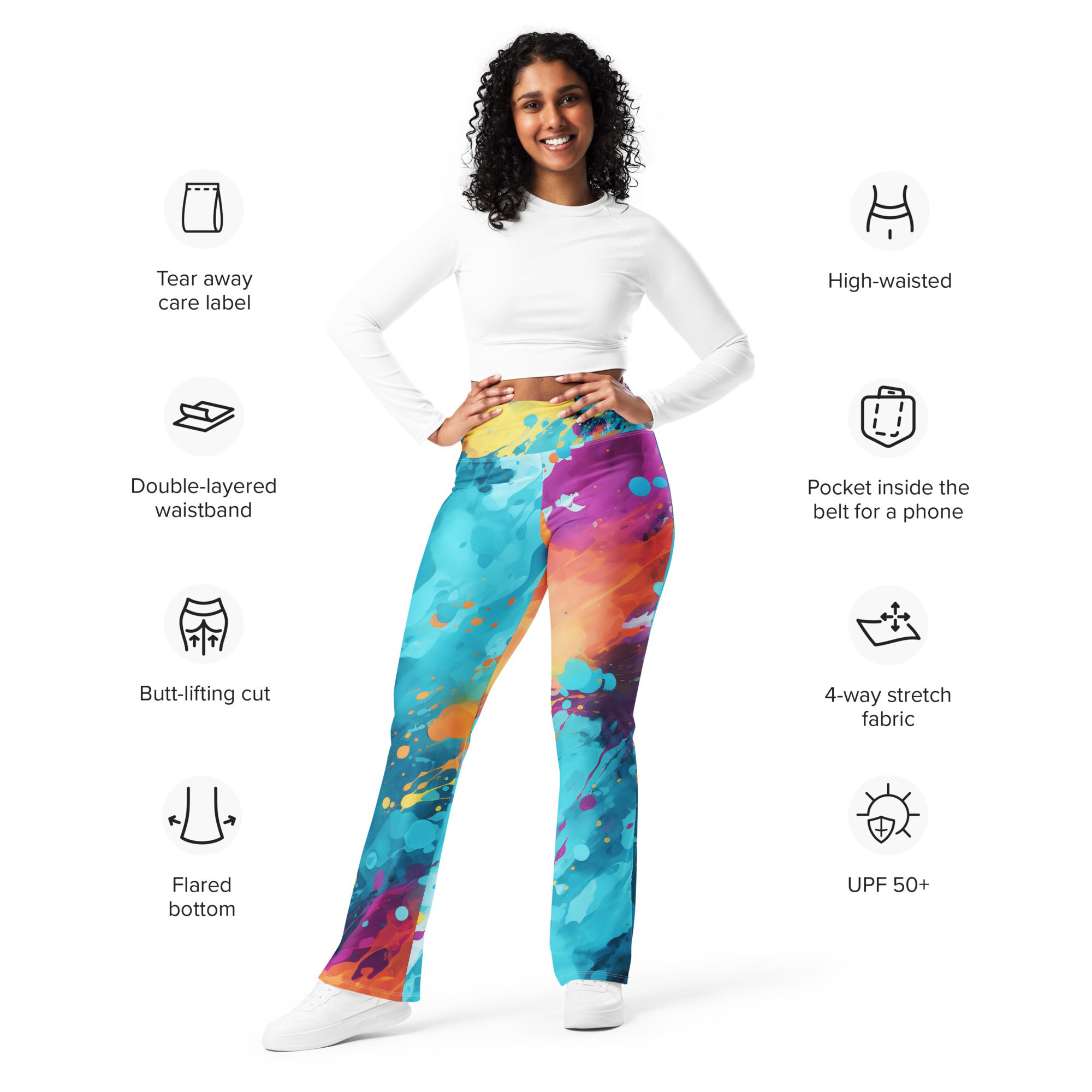 Elevate Your Style and Sustainability with Women's Flared Leggings in Carnival Beach Colors Elegant Orange Green Flare Leggings - Image 2