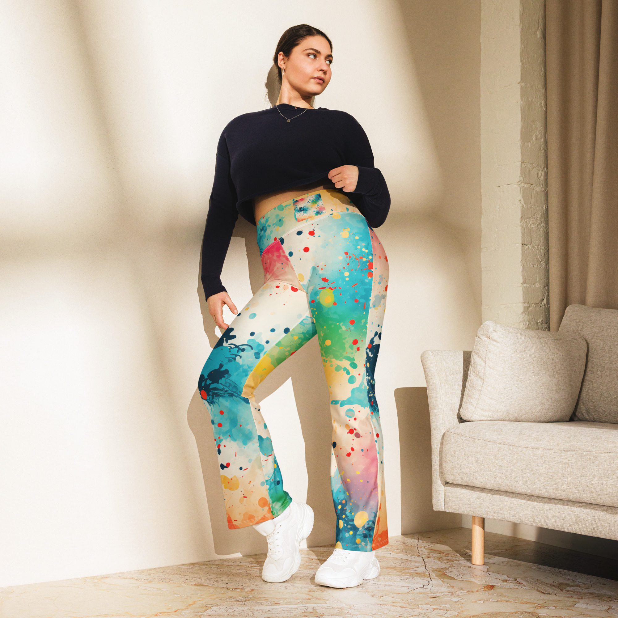 Eco-Friendly Flare Leggings for Girls – Beautiful Carnival Beach Colors Green light pink Flare Leggings - Image 12