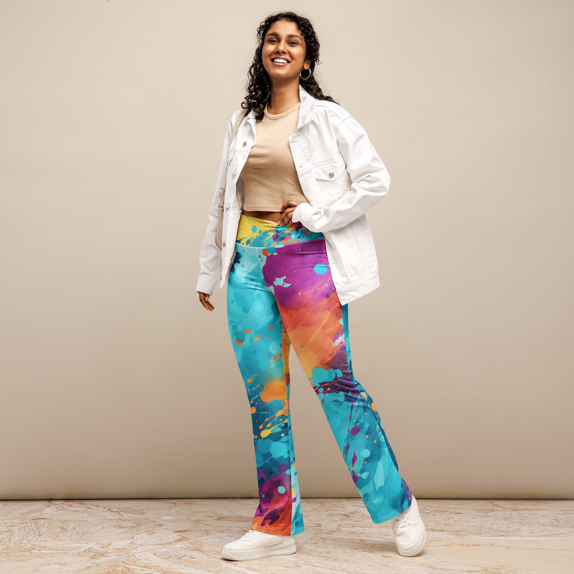 Elevate Your Style and Sustainability with Women's Flared Leggings in Carnival Beach Colors Elegant Orange Green Flare Leggings - Image 3