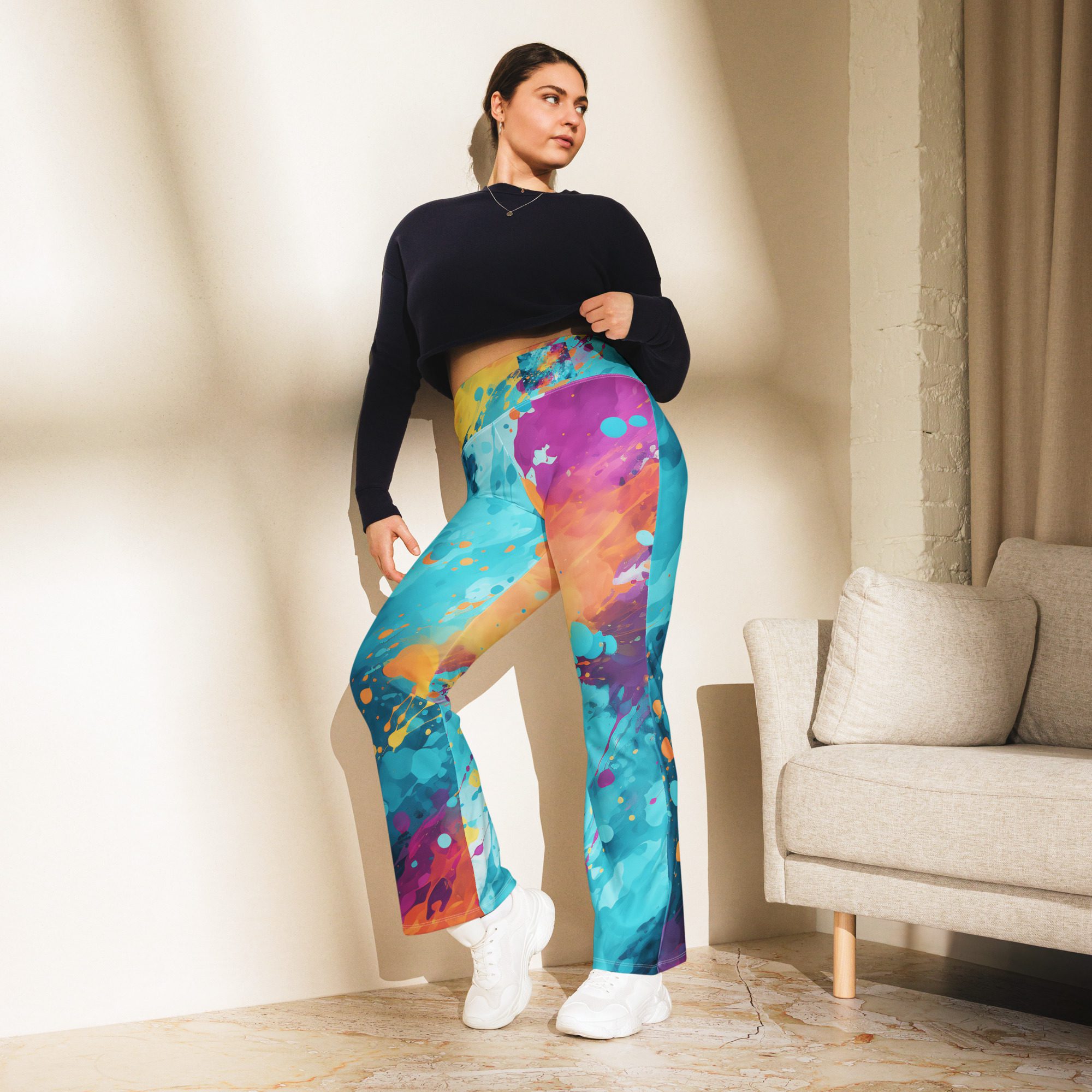 Elevate Your Style and Sustainability with Women's Flared Leggings in Carnival Beach Colors Elegant Orange Green Flare Leggings - Image 12