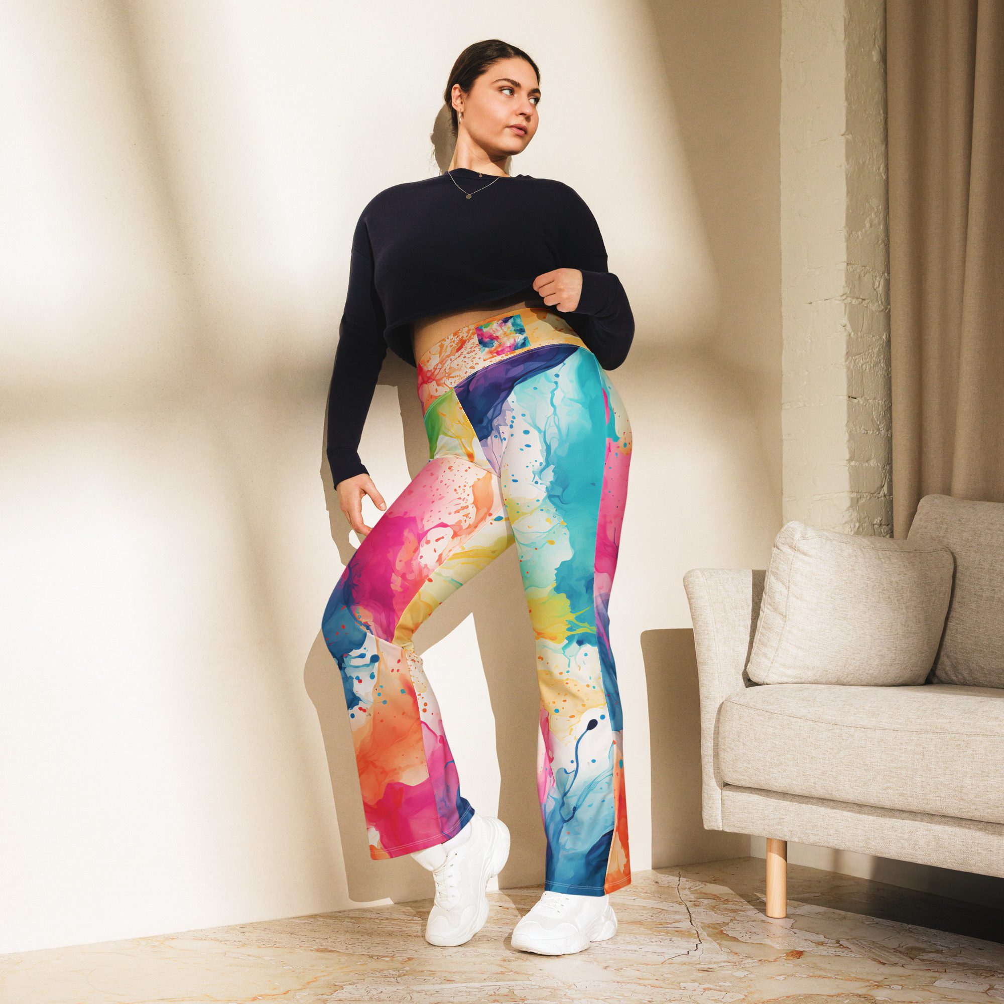 Super Comfortable,Elegant ,Beautiful flared leggings outfit for women,Green pink Flare leggings - Image 3