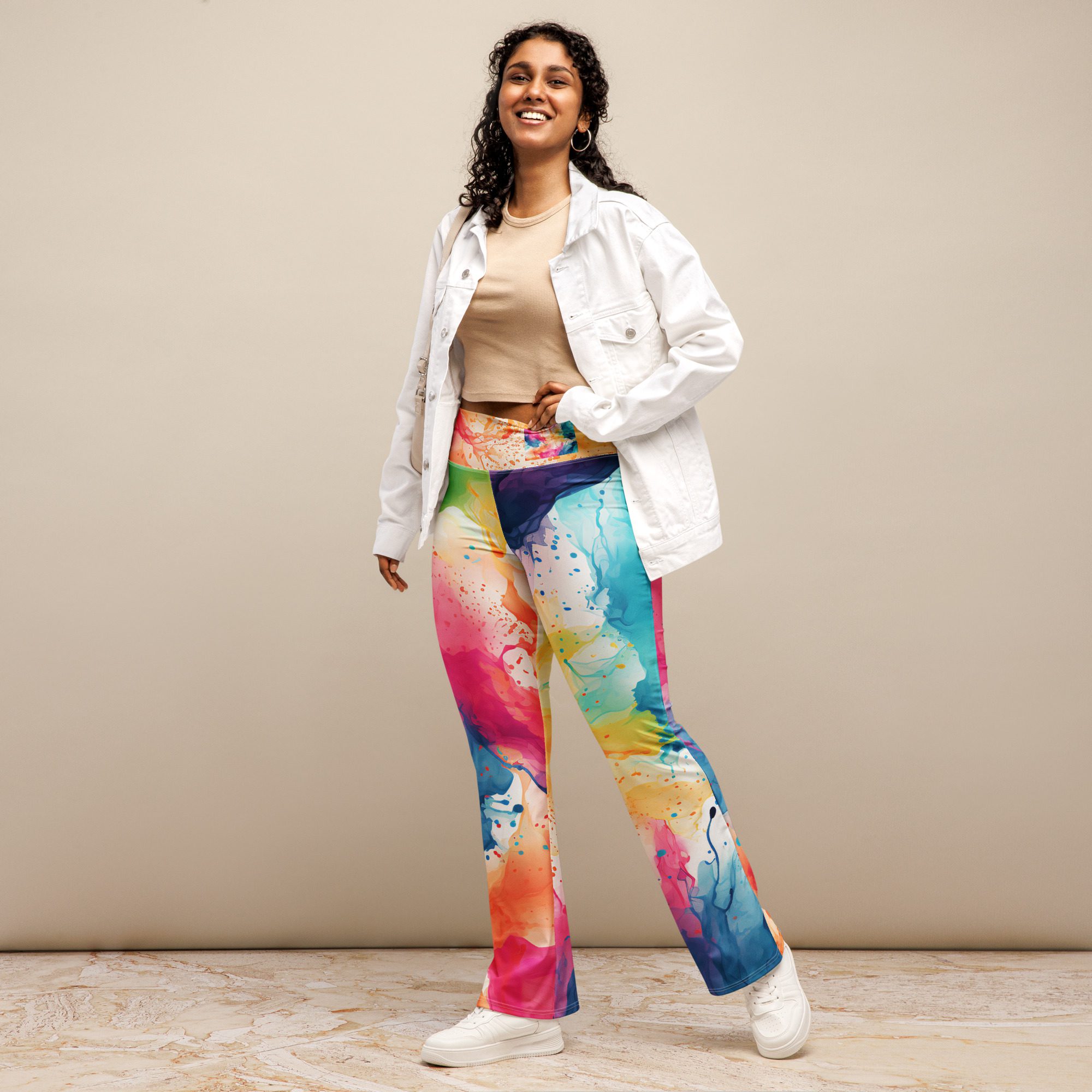 Super Comfortable,Elegant ,Beautiful flared leggings outfit for women,Green pink Flare leggings - Image 12