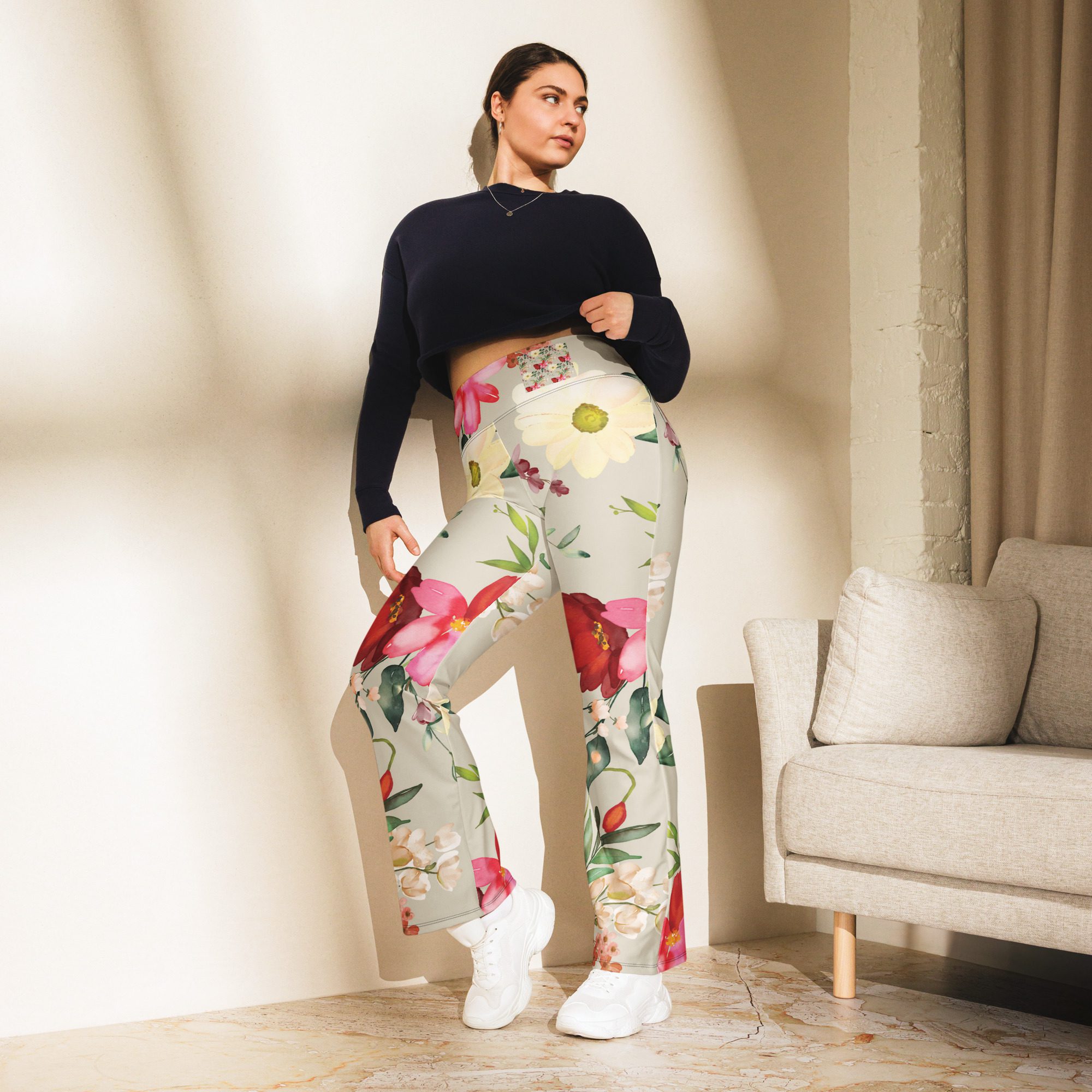 Beautiful Floral Pattern Womens Flare leggings,Bright green background,Pink Rose Flowers,Recycled Materials,High Waisted Leggings,Eco-Friendly Fashion - Image 3