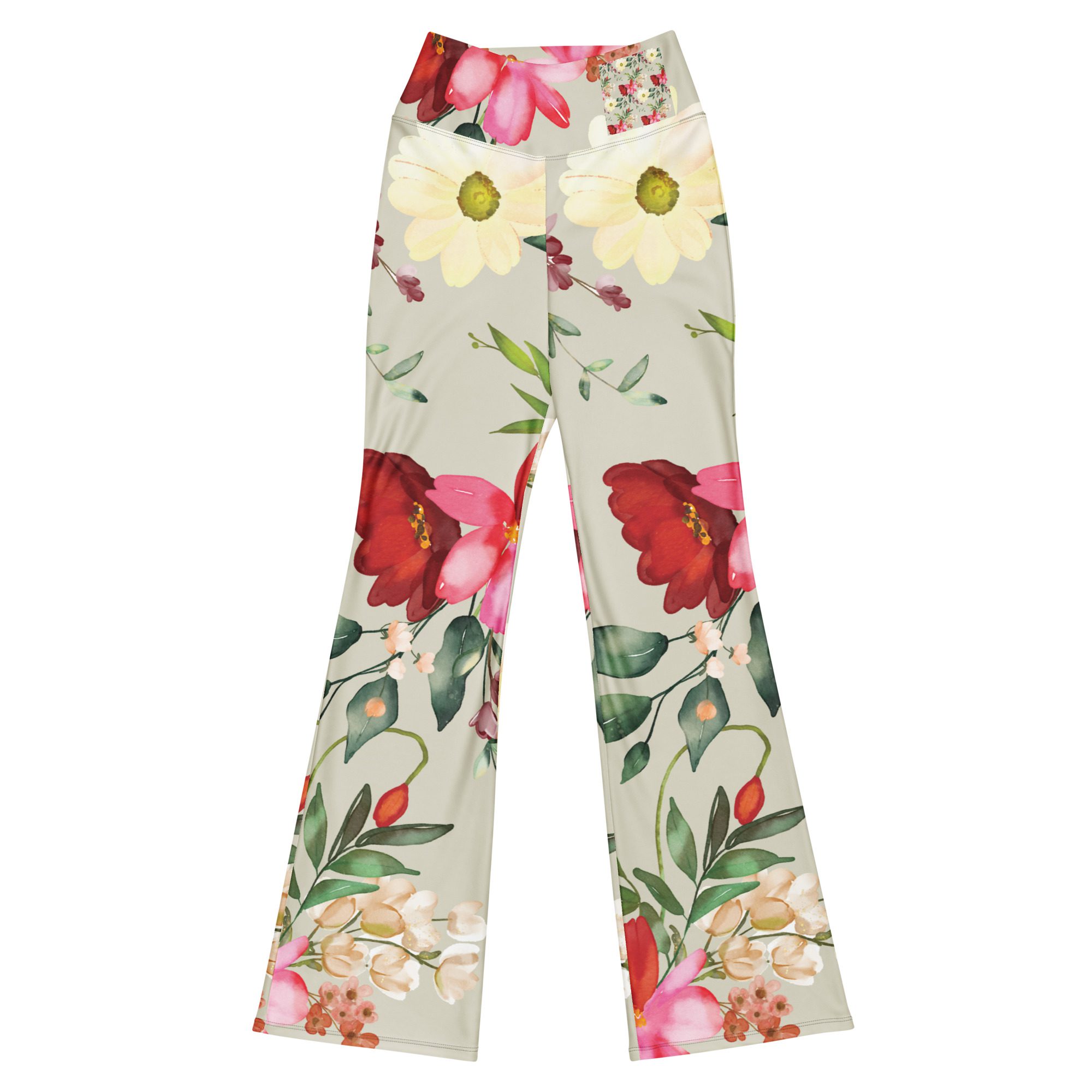 Beautiful Floral Pattern Womens Flare leggings,Bright green background,Pink Rose Flowers,Recycled Materials,High Waisted Leggings,Eco-Friendly Fashion - Image 7