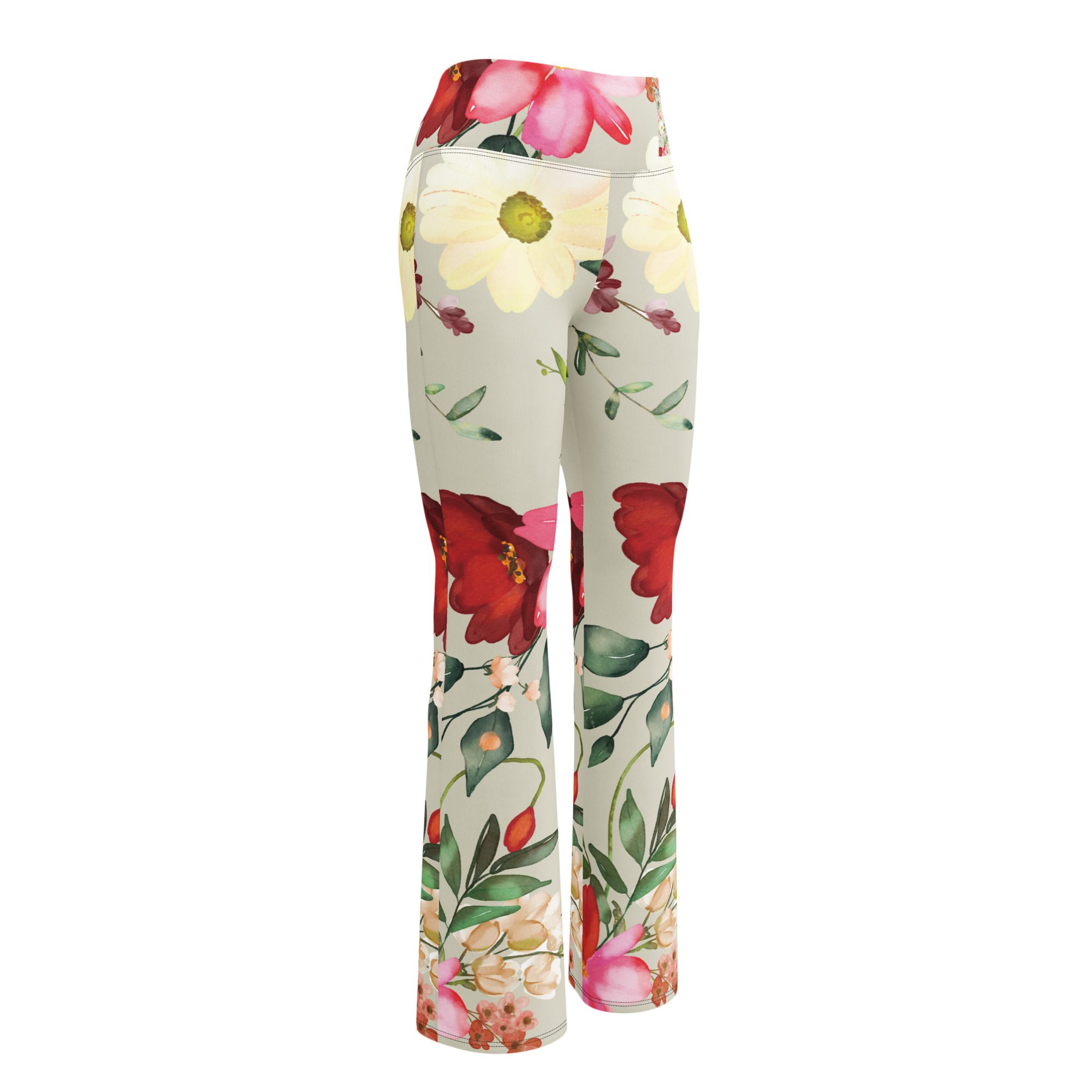 Beautiful Floral Pattern Womens Flare leggings,Bright green background,Pink Rose Flowers,Recycled Materials,High Waisted Leggings,Eco-Friendly Fashion - Image 9