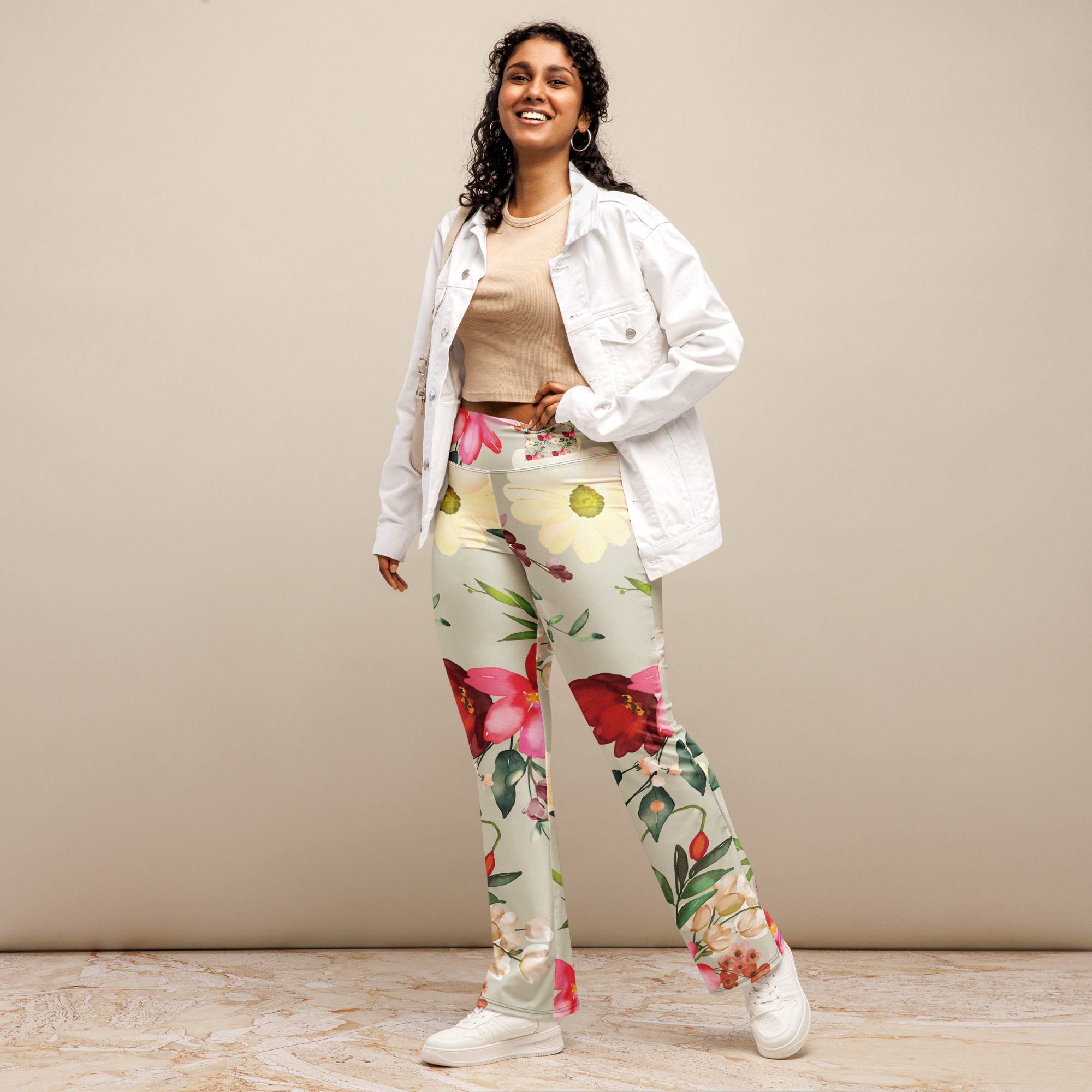 Beautiful Floral Pattern Womens Flare leggings,Bright green background,Pink Rose Flowers,Recycled Materials,High Waisted Leggings,Eco-Friendly Fashion - Image 12