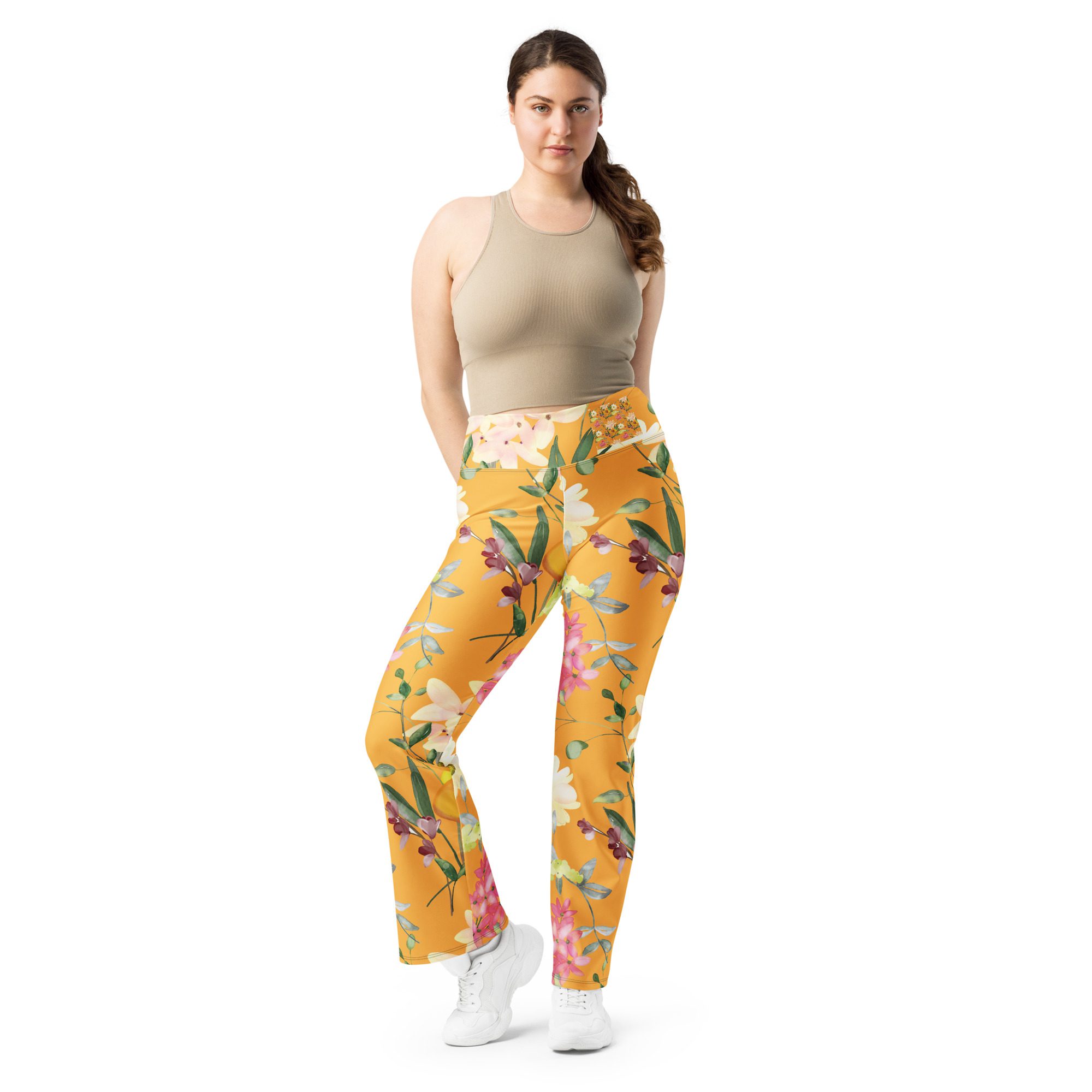 Eco-Friendly Flower Pink Flare Leggings Fitness Fashion Comfortable Clothing, - Image 4