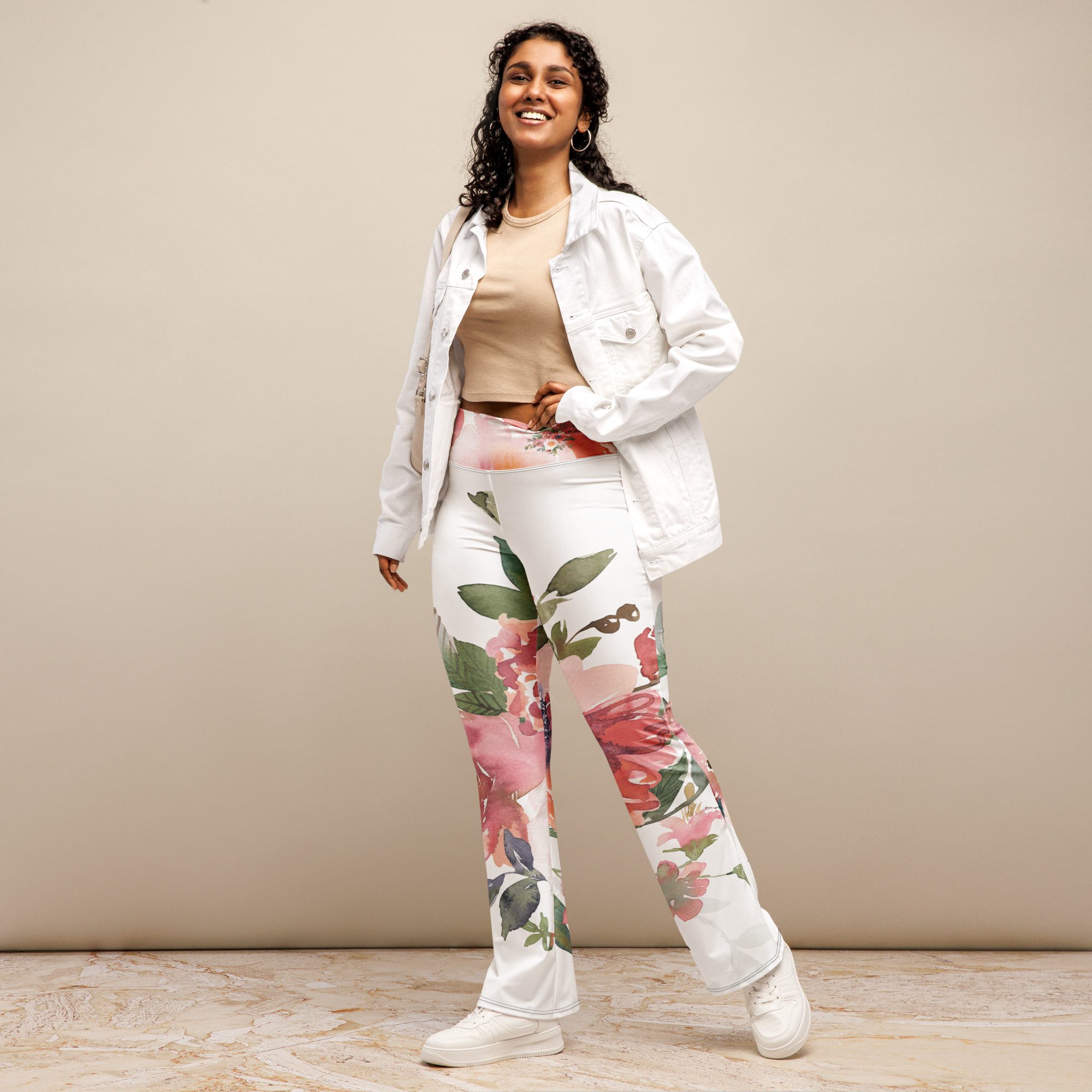 Eco-Chic Elegance Recycled Flare Leggings with a Floral Twist Pink Flower Power! - Image 3