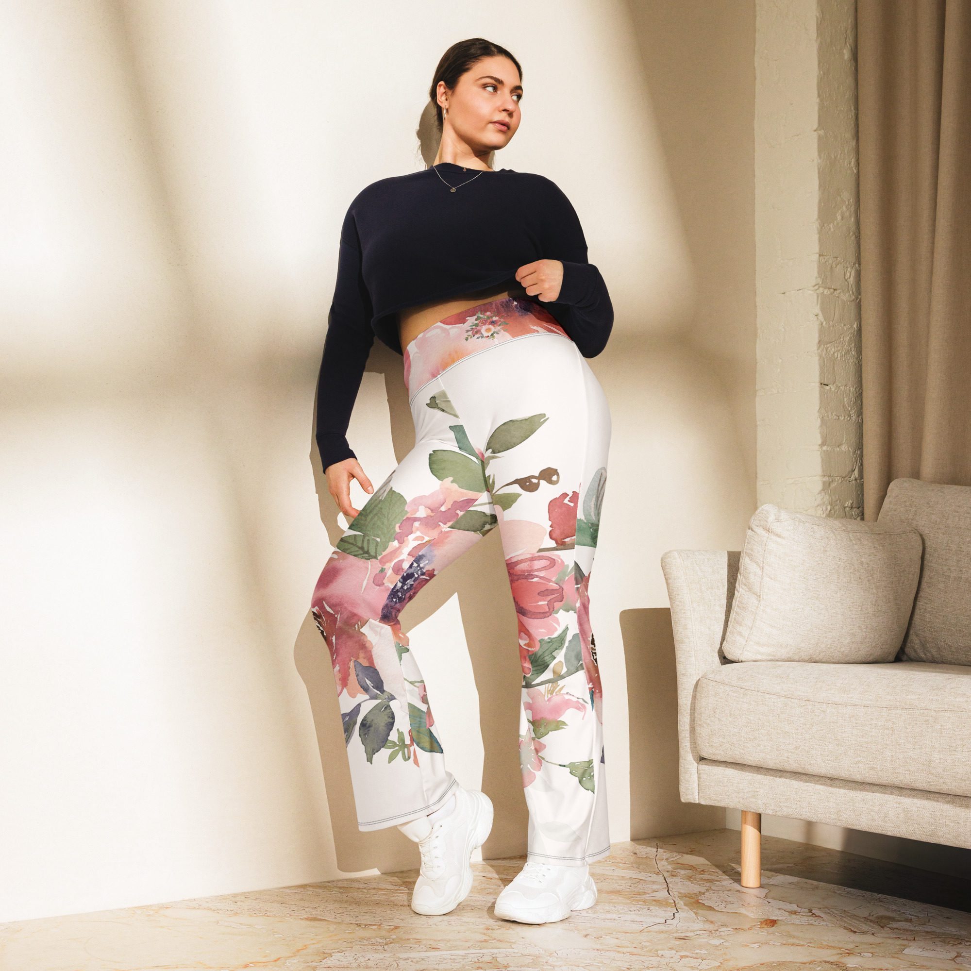 Eco-Chic Elegance Recycled Flare Leggings with a Floral Twist Pink Flower Power! - Image 10