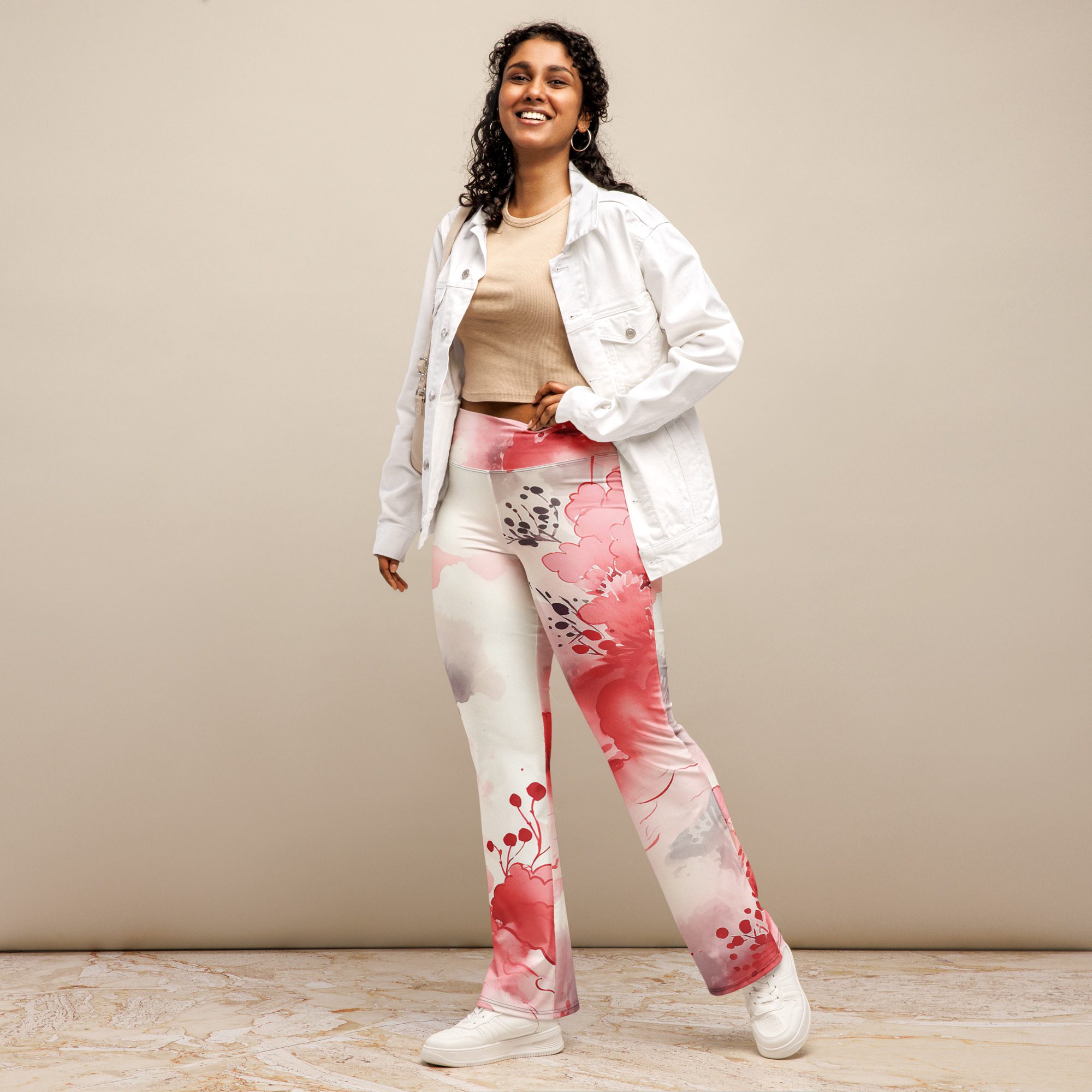 Recycled Flare Leggings with Beautiful Ink-Style Flower Design The Perfect Blend of Fashion, Comfort, and Sustainability - Image 11