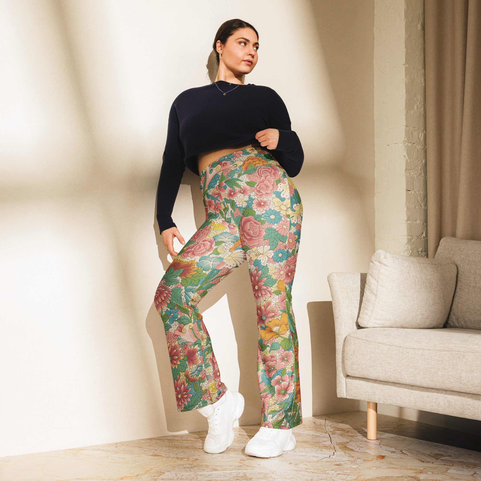 Blossoming Beauty,Health,Wealth and Honor with Luxury Flower Flared Leggings - Recycled, Comfortable, and Stylish! - Image 3