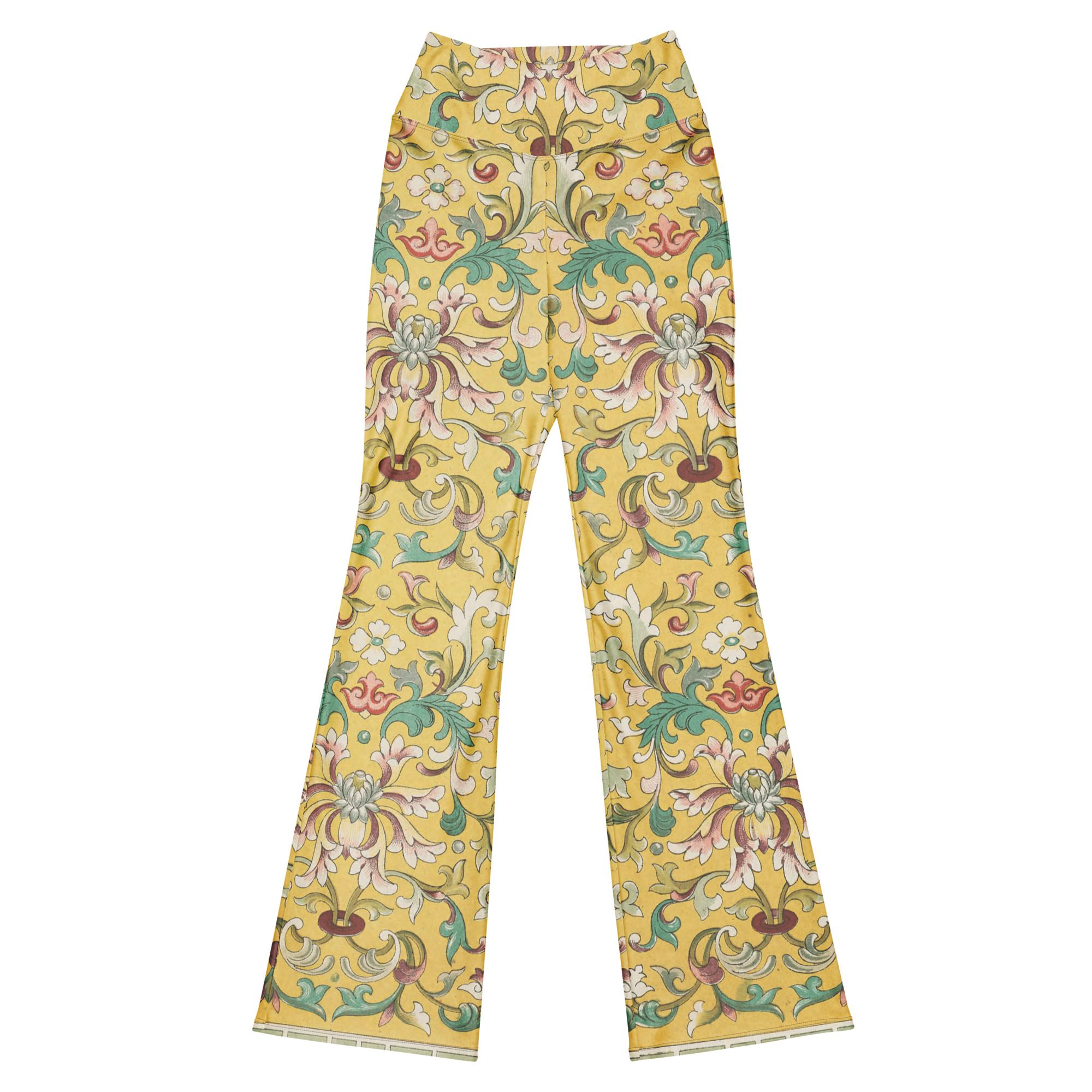 Recycled Flared Leggings with Pockets Featuring Elegant Chinese Flower Patterns on an Exquisite Yellow Background