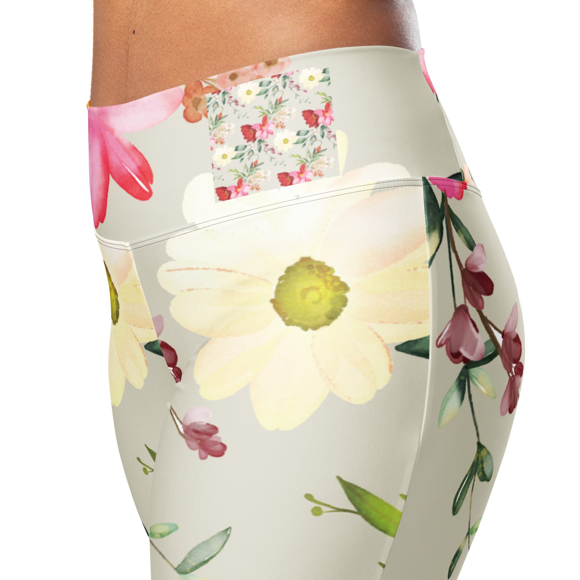 Beautiful Floral Pattern Womens Flare leggings,Bright green background,Pink Rose Flowers,Recycled Materials,High Waisted Leggings,Eco-Friendly Fashion - Image 5