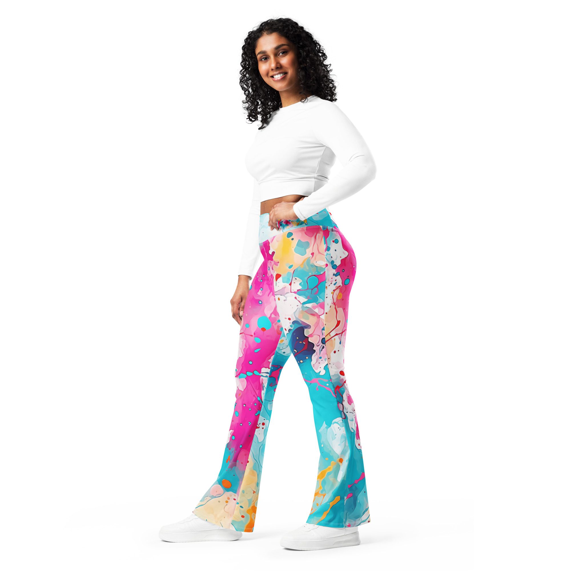 Elegant Rose Green ,Eco-Friendly Beautiful Carnival Beach Colors Flare Leggings for Girls - Image 4