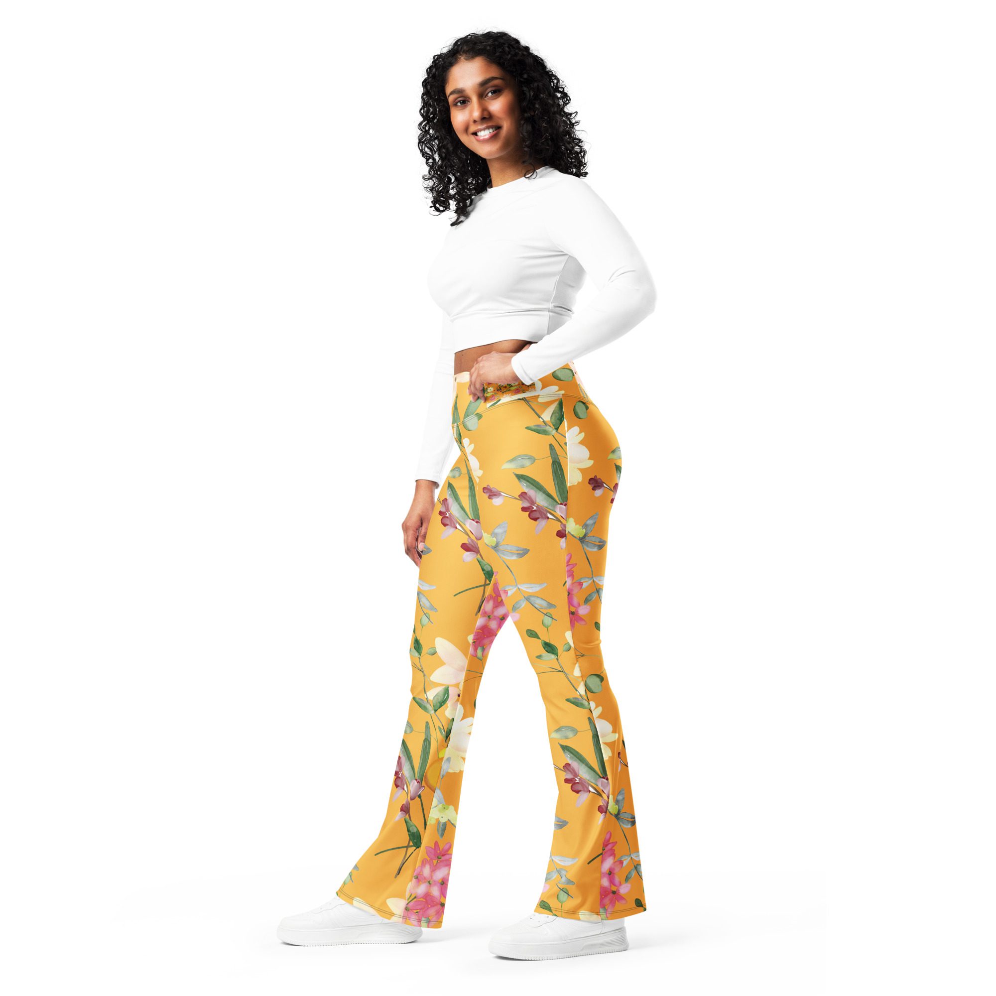 Eco-Friendly Flower Pink Flare Leggings Fitness Fashion Comfortable Clothing, - Image 5