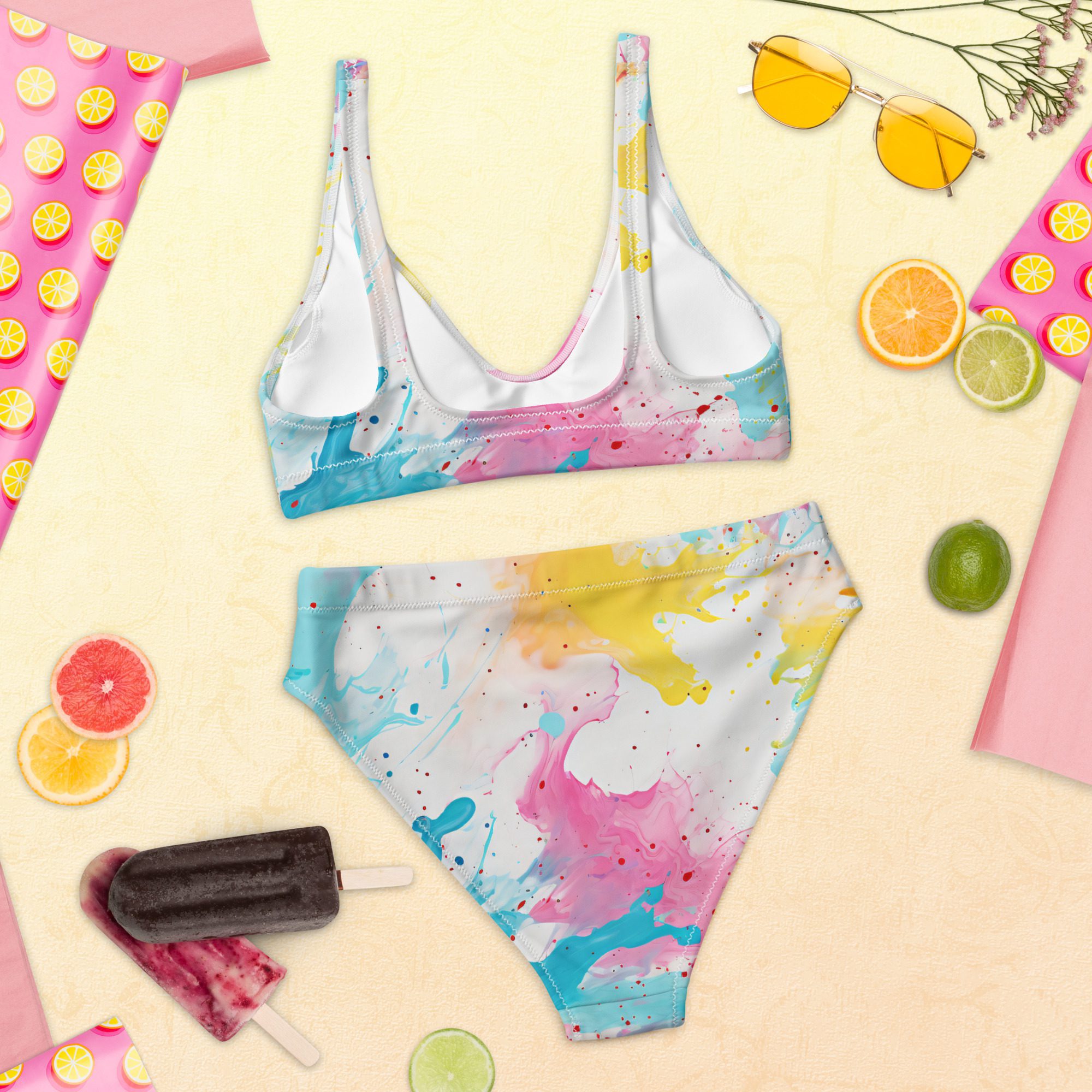 Recycled high-waisted bikini with beautiful Carnival Beach Color pattern - Image 4