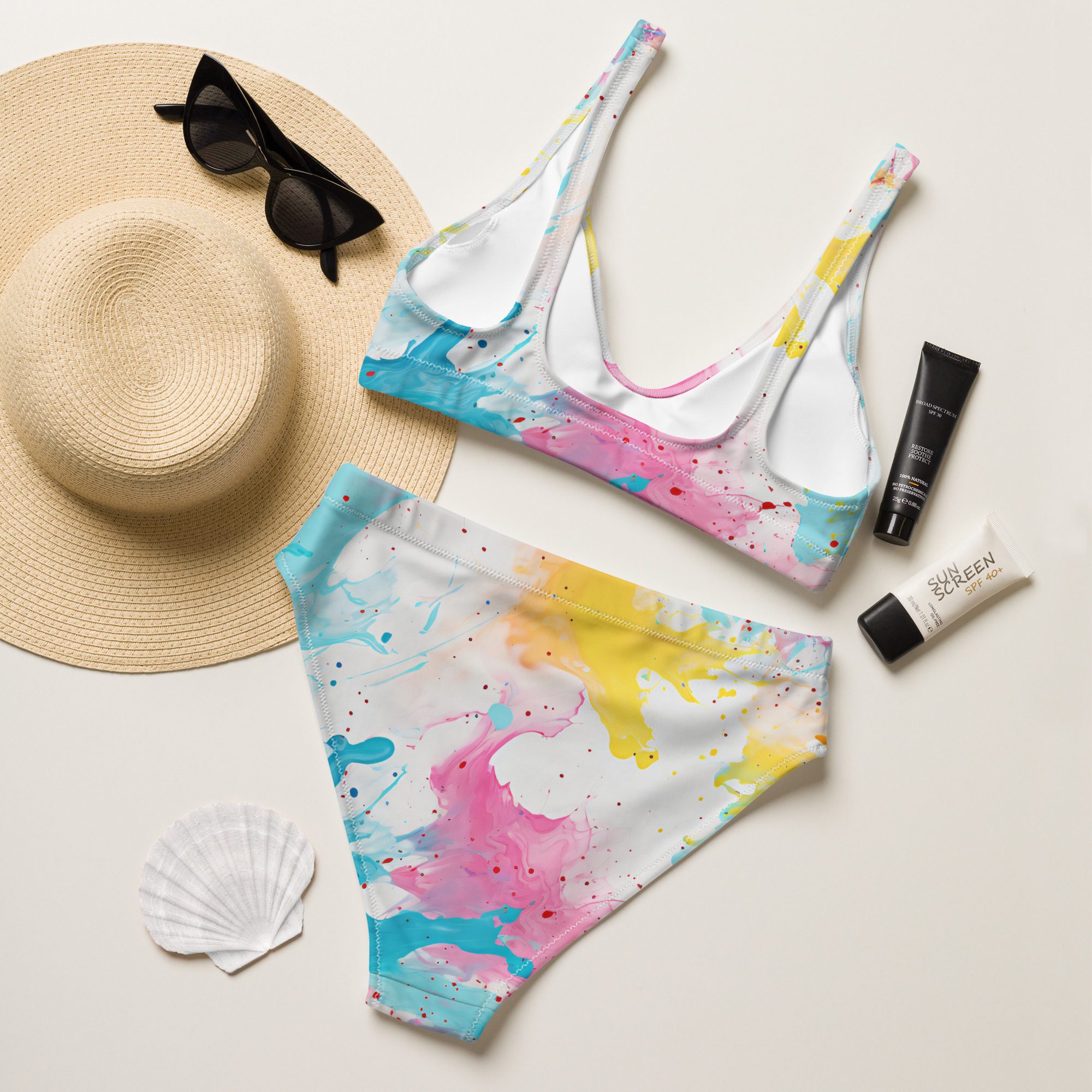 Recycled high-waisted bikini with beautiful Carnival Beach Color pattern - Image 6