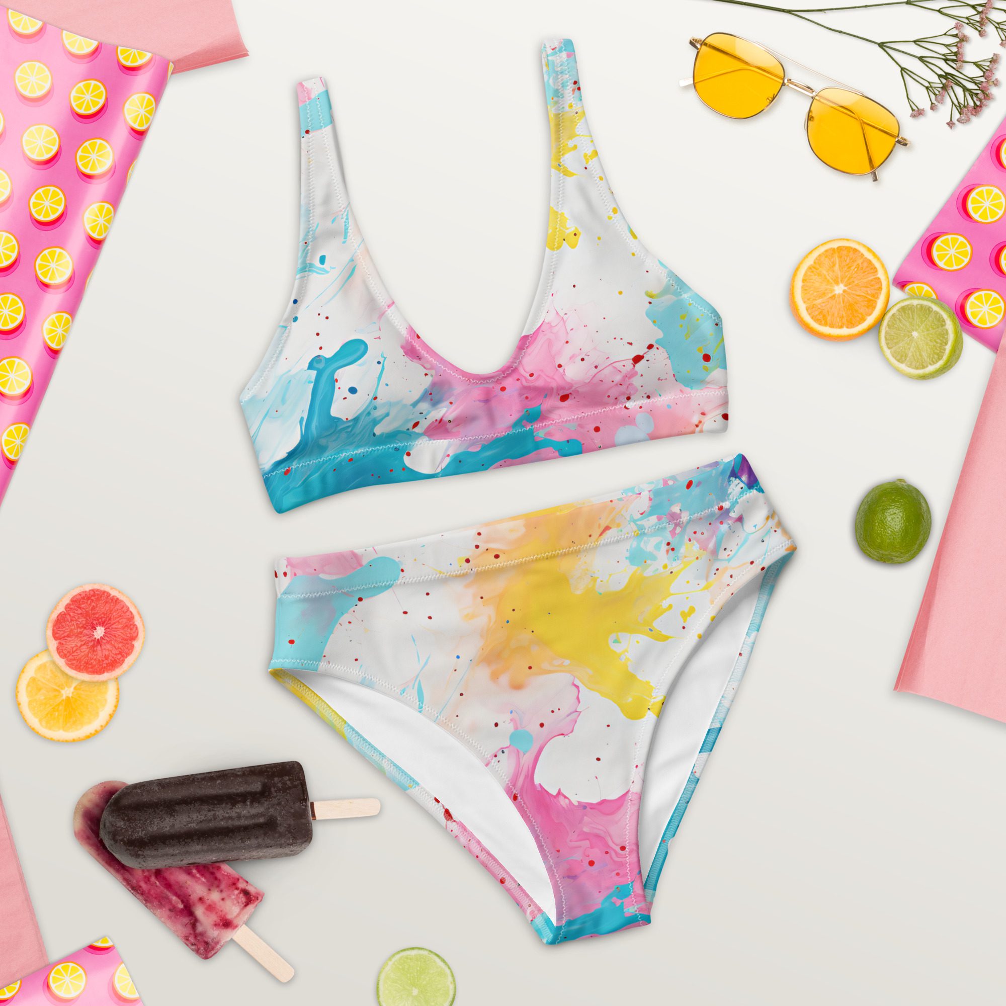 Recycled high-waisted bikini with beautiful Carnival Beach Color pattern - Image 3
