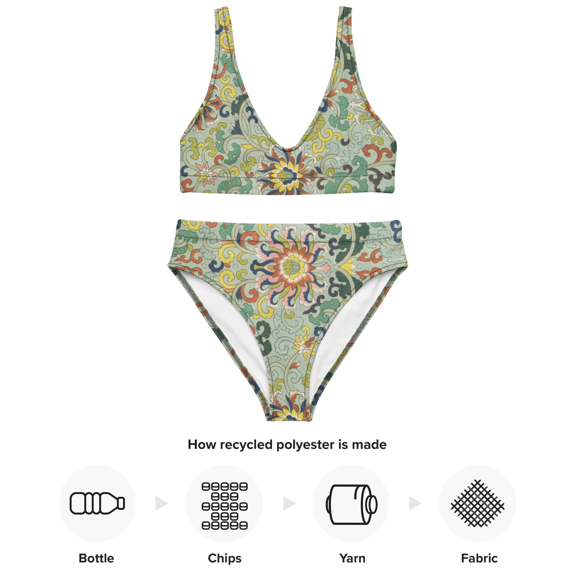 Exquisite Elegance Recycled Artful High-Waisted Bikini with Elegant Floral Motifs on Light Green Background