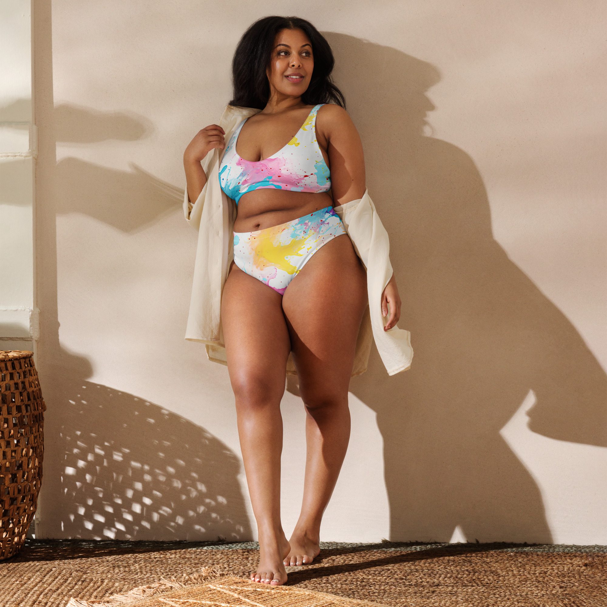 Recycled high-waisted bikini with beautiful Carnival Beach Color pattern - Image 9