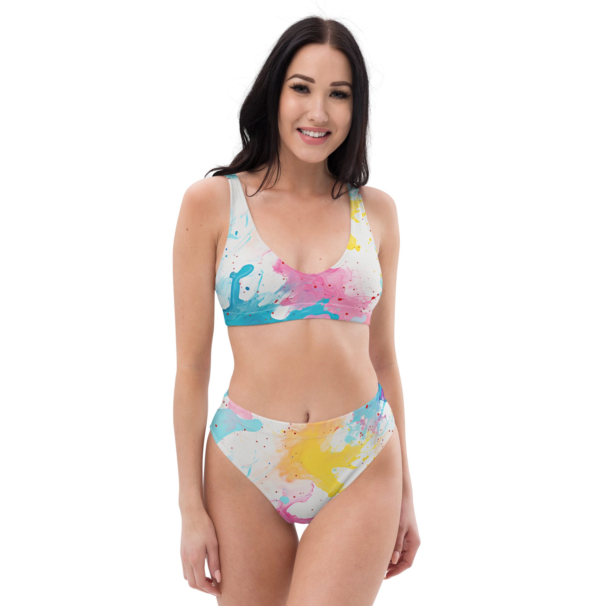 Recycled high-waisted bikini with beautiful Carnival Beach Color pattern - Image 11