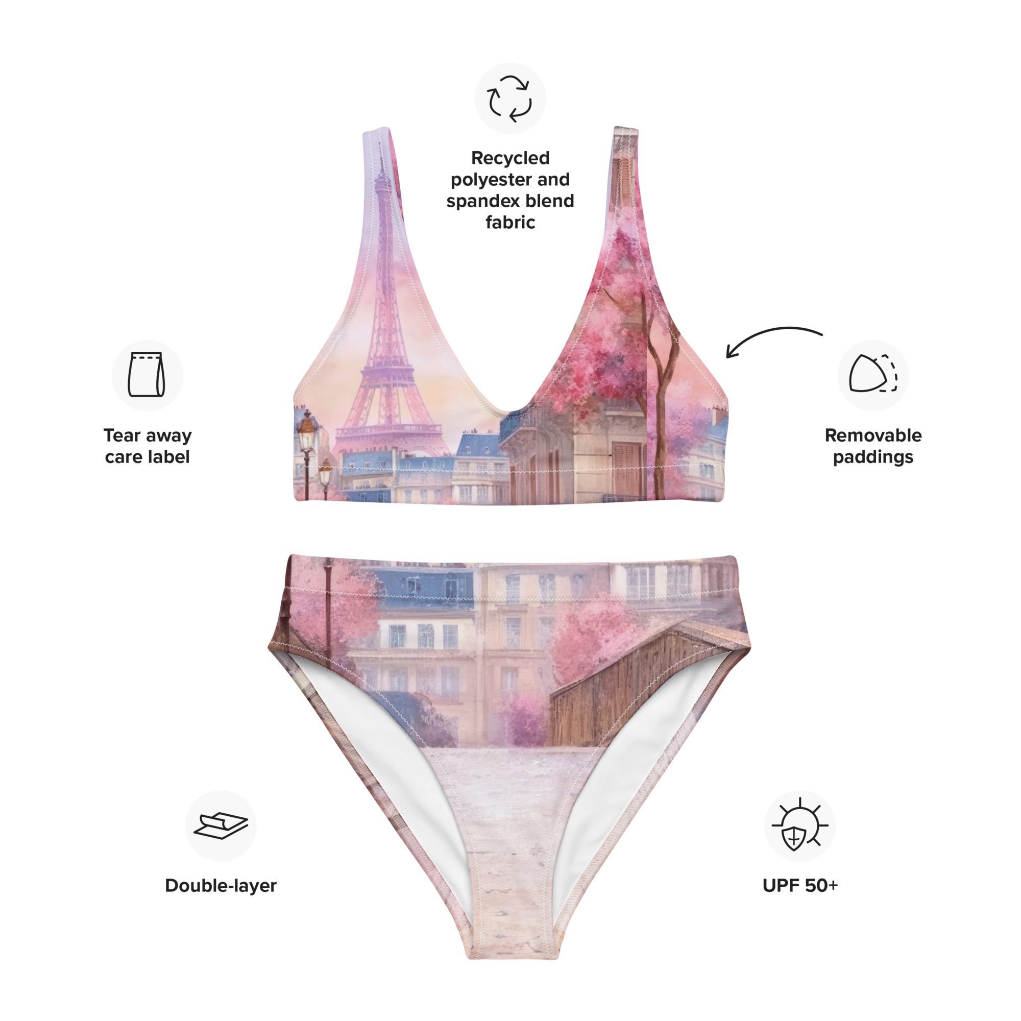 Fall in Love with Paris Eco-Friendly High-Waisted Bikini in Pink Eiffel Tower Print A Journey Through Comfort and Elegance - Image 11