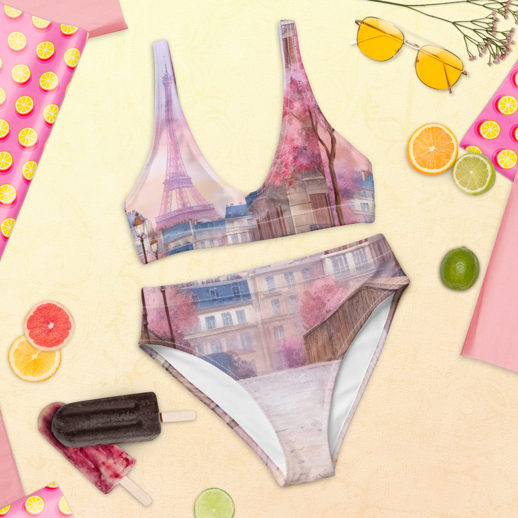 Fall in Love with Paris Eco-Friendly High-Waisted Bikini in Pink Eiffel Tower Print A Journey Through Comfort and Elegance - Image 12