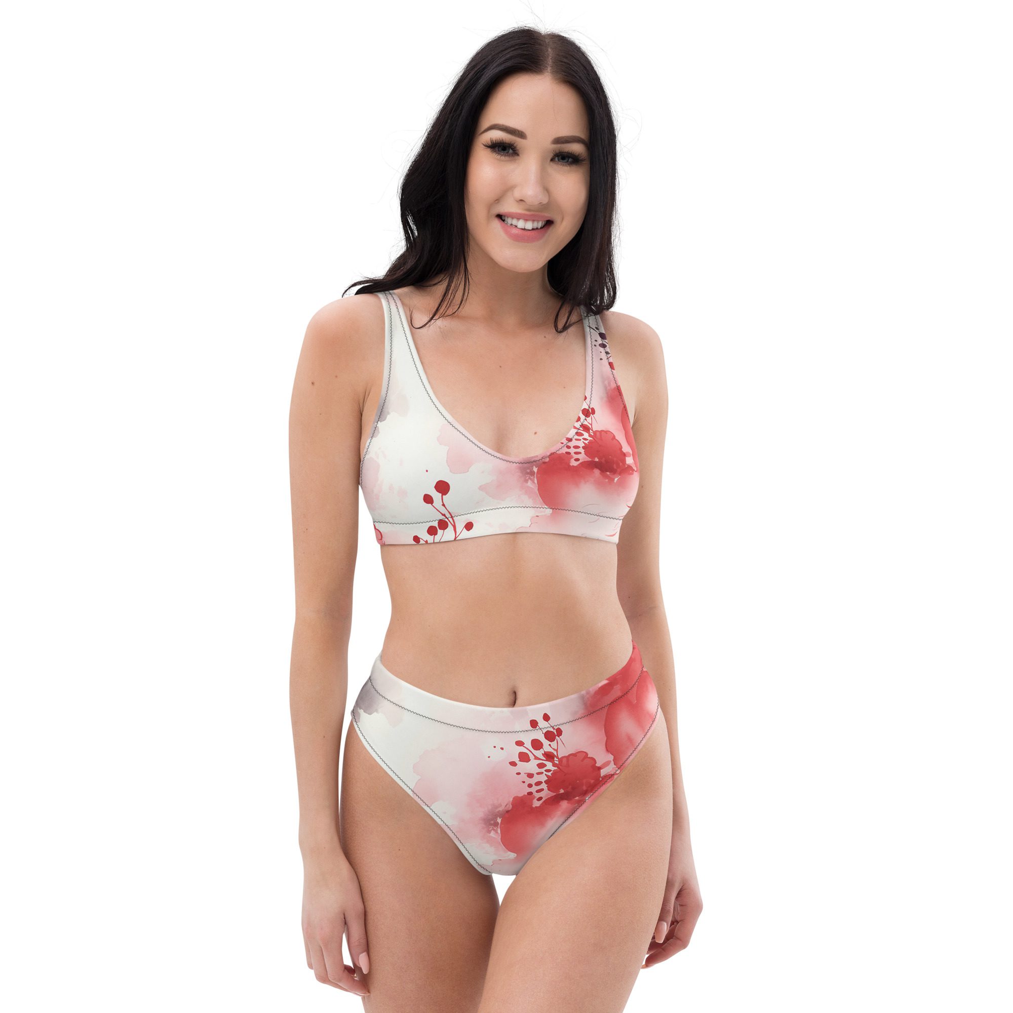 Elegance and Sustainability The Recycled High-Waisted Bikini with Stunning Ink-Style Red Flower Design - Image 3