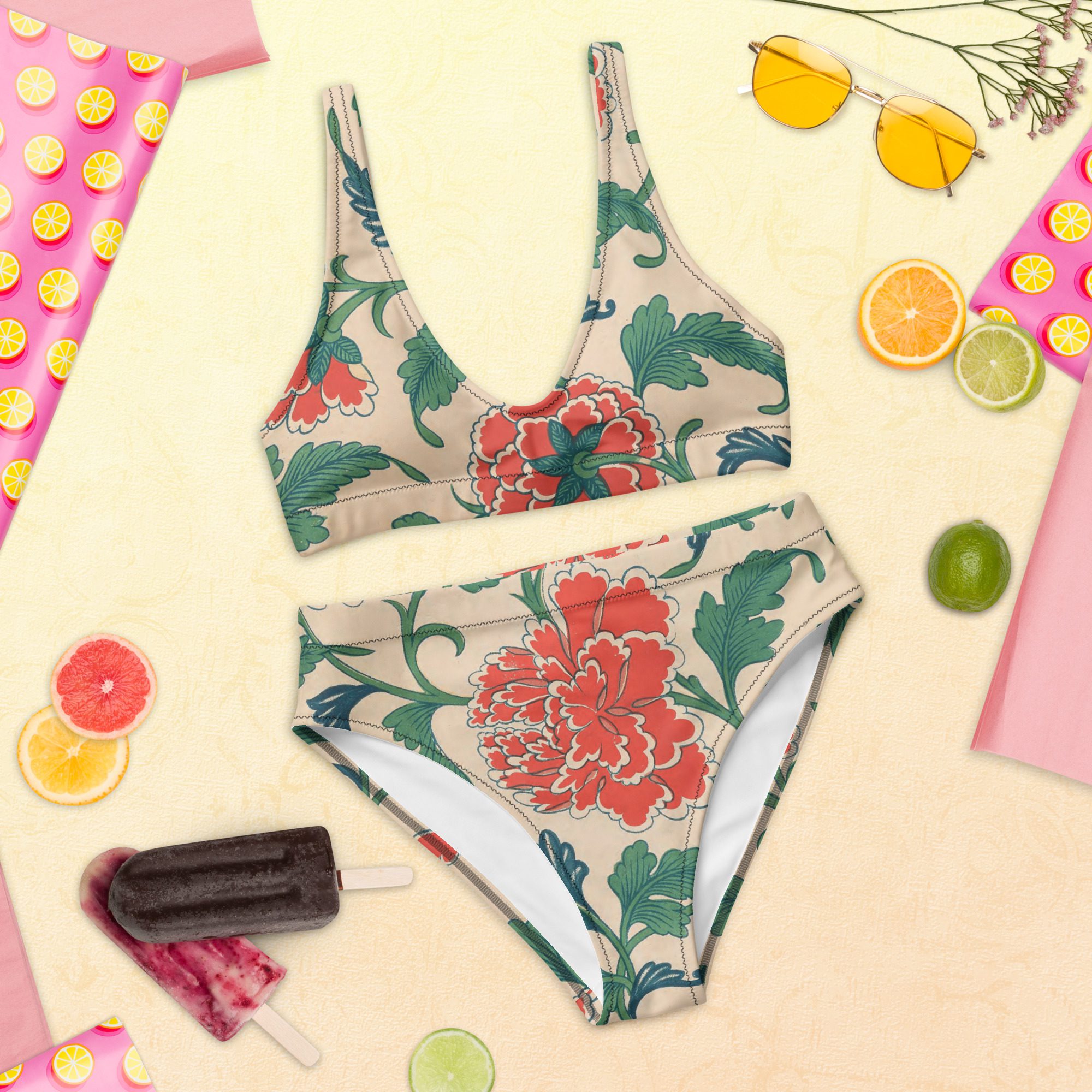 The Artful Recycled High-Waisted Bikini with Elegant Beautiful Chinese Flower Patterns - Image 7