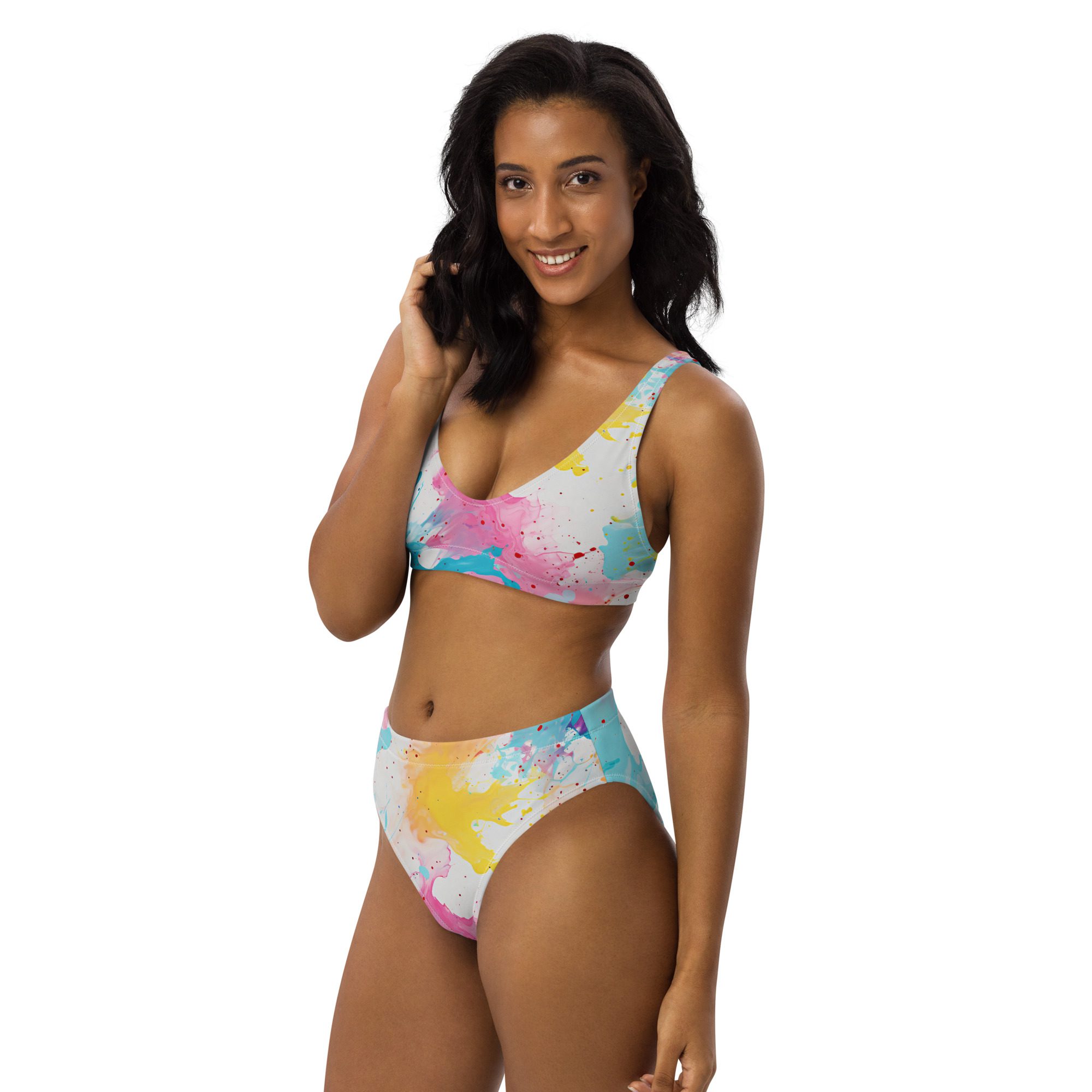 Recycled high-waisted bikini with beautiful Carnival Beach Color pattern - Image 5
