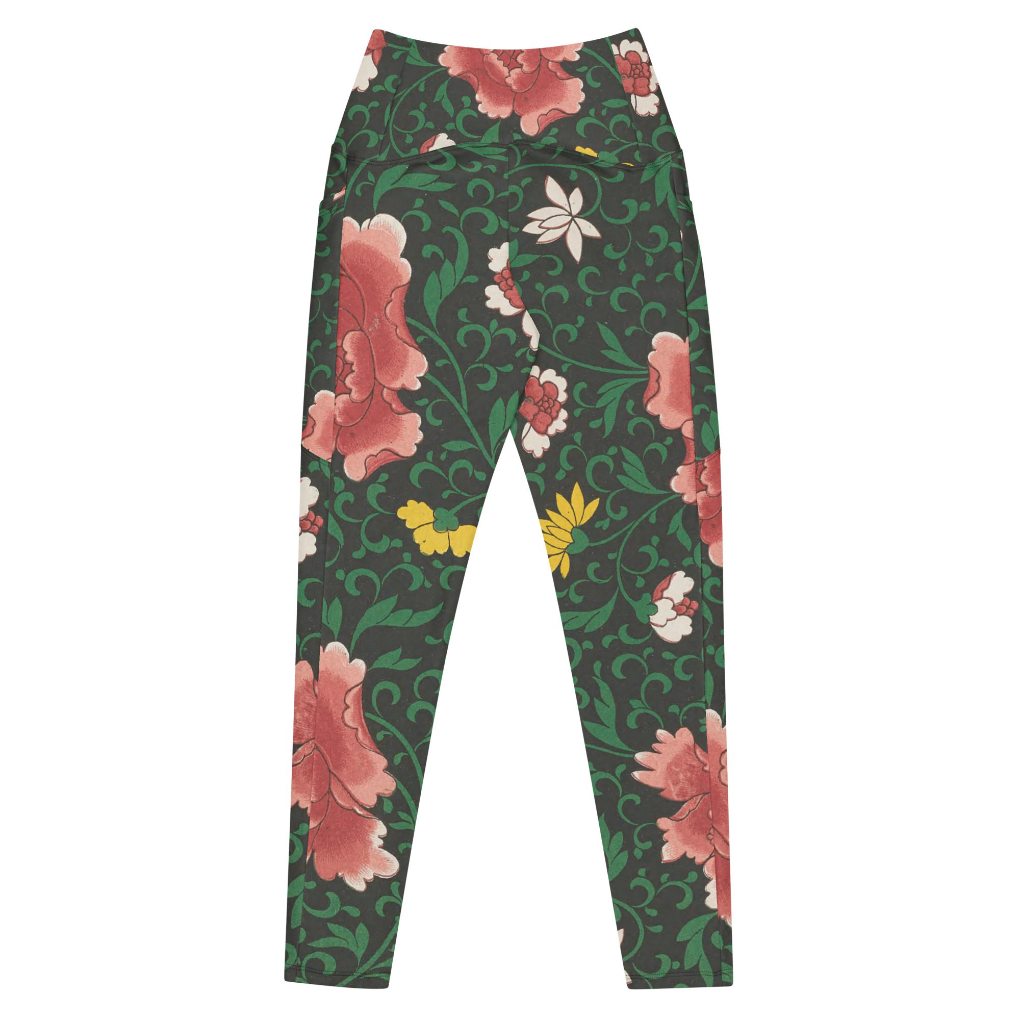Nature's Mystery Floral Glamour Leggings with pockets Eco-Friendly with Red Peony Design - Image 12