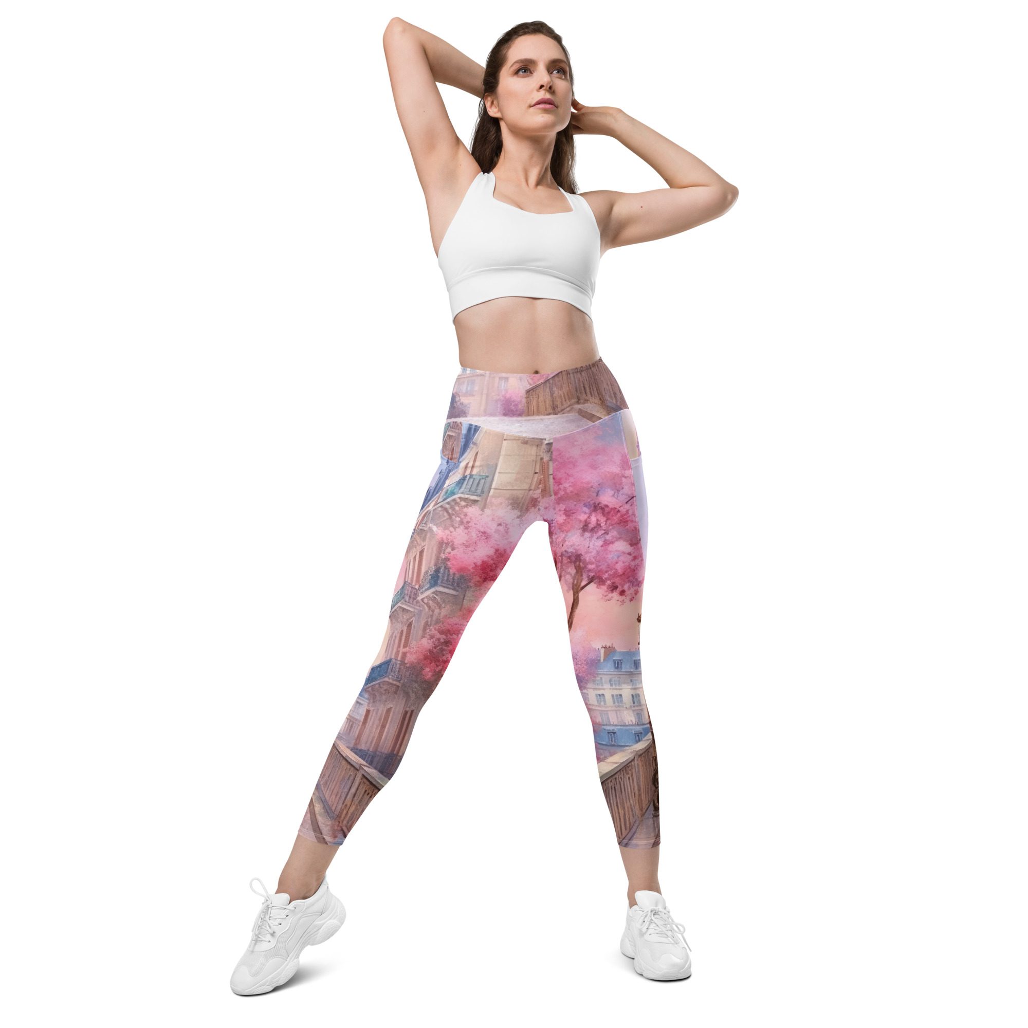 Leggings with pockets in Pink Paris Tour Eiffel Bridge Flowers design - Image 10
