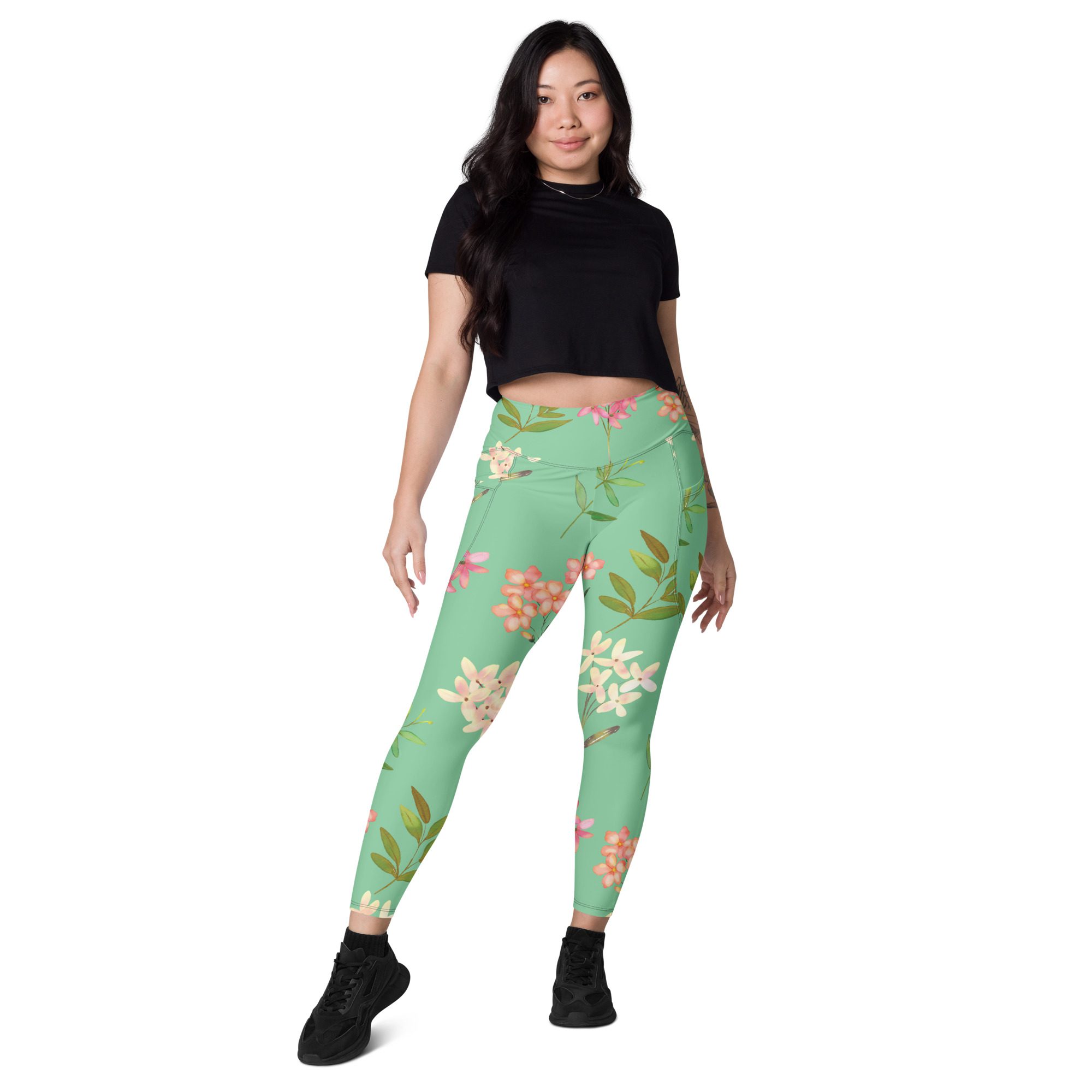 Eco-Friendly High-Waisted Pocket Leggings with Beautiful Flower Design,not flared leggings - Image 4
