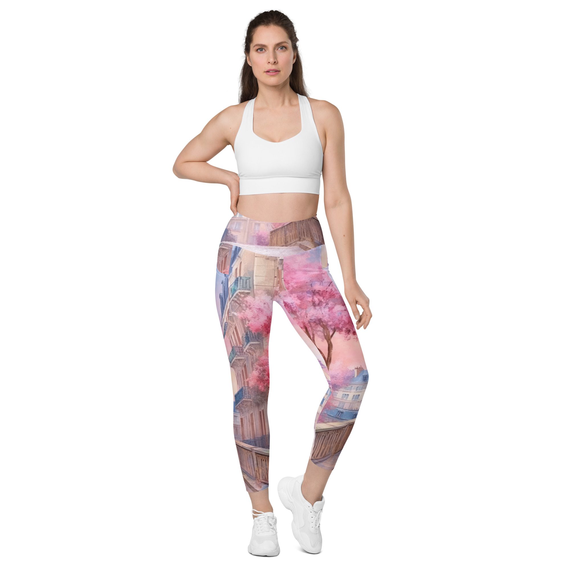 Leggings with pockets in Pink Paris Tour Eiffel Bridge Flowers design - Image 9