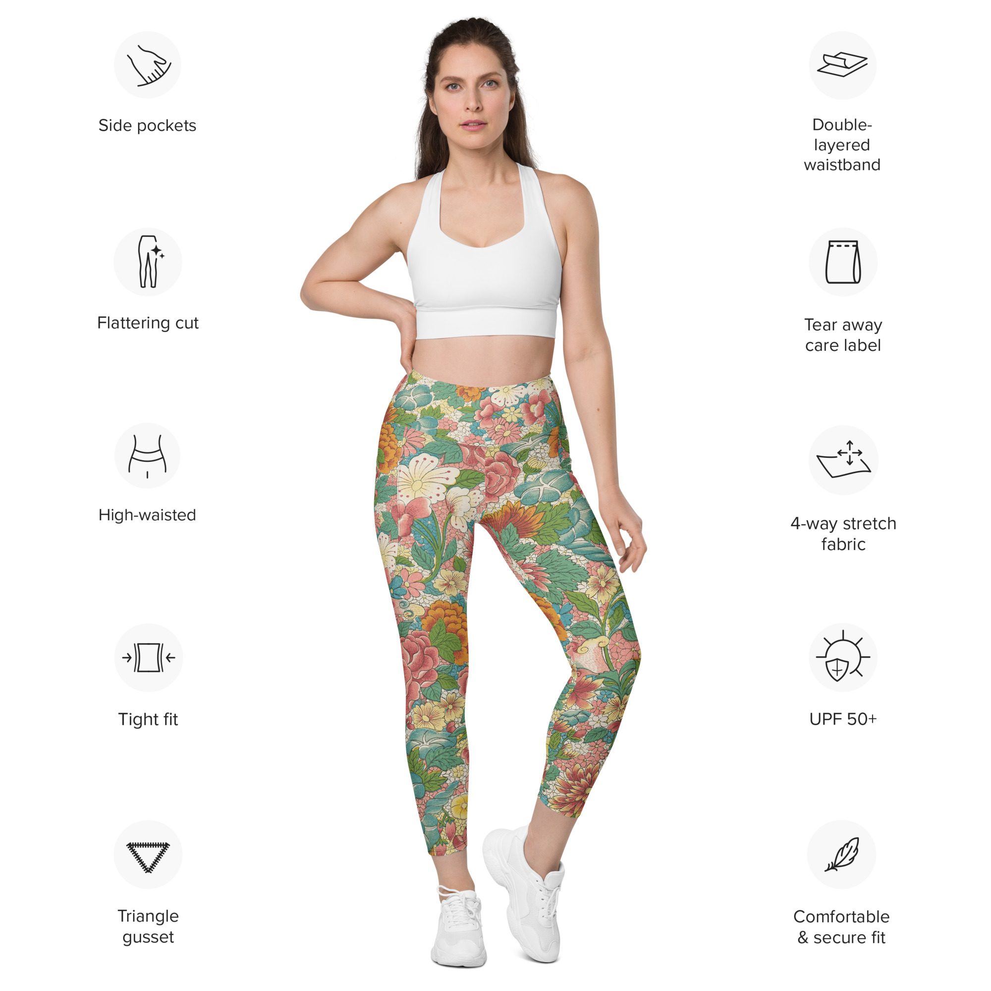 Elegance and Prosperity with Luxury Flower Mudan Recycled Pocket Leggings - A Perfect Blend of Style, Comfort, and Sustainability - Image 3