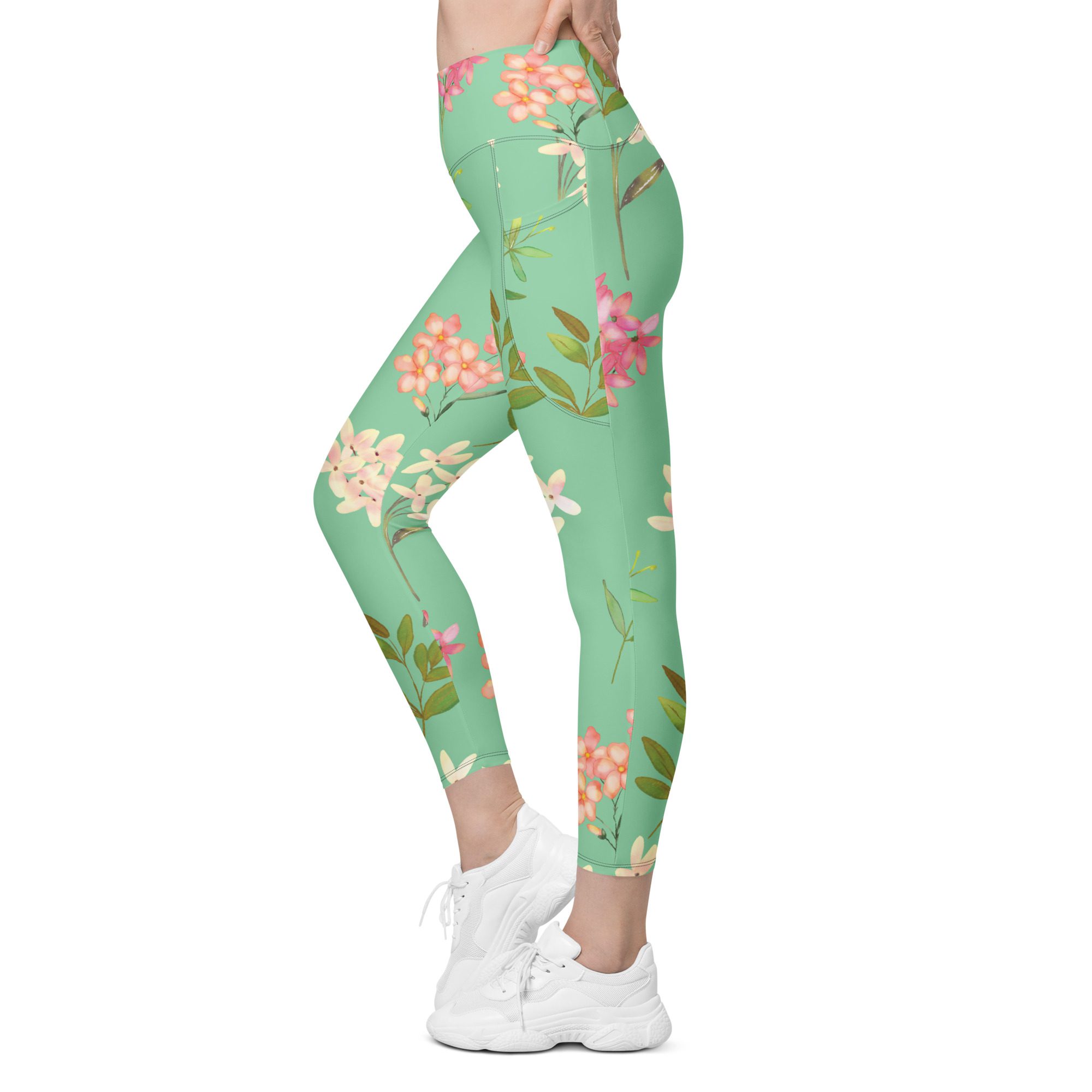 Eco-Friendly High-Waisted Pocket Leggings with Beautiful Flower Design,not flared leggings - Image 8