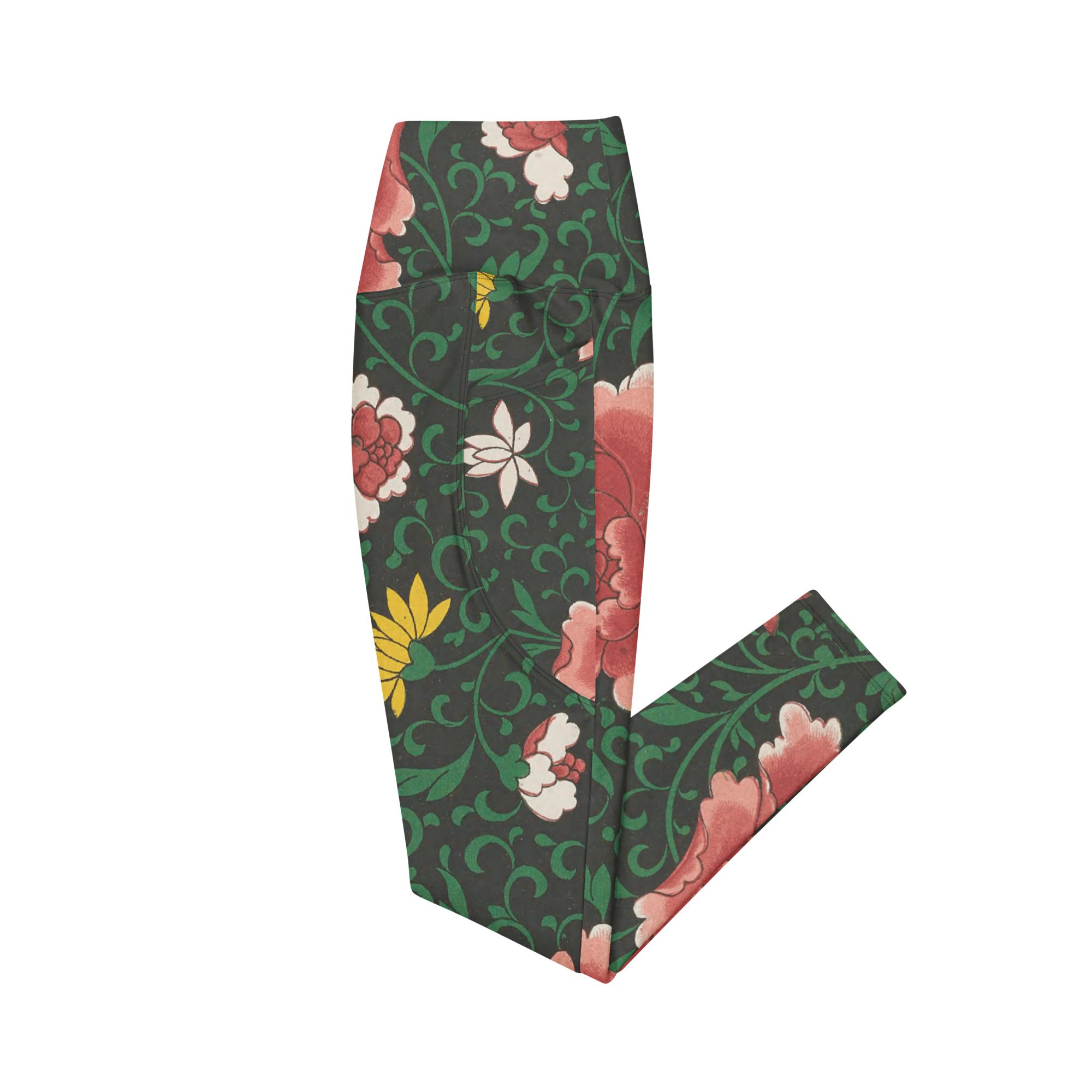 Nature's Mystery Floral Glamour Leggings with pockets Eco-Friendly with Red Peony Design - Image 11