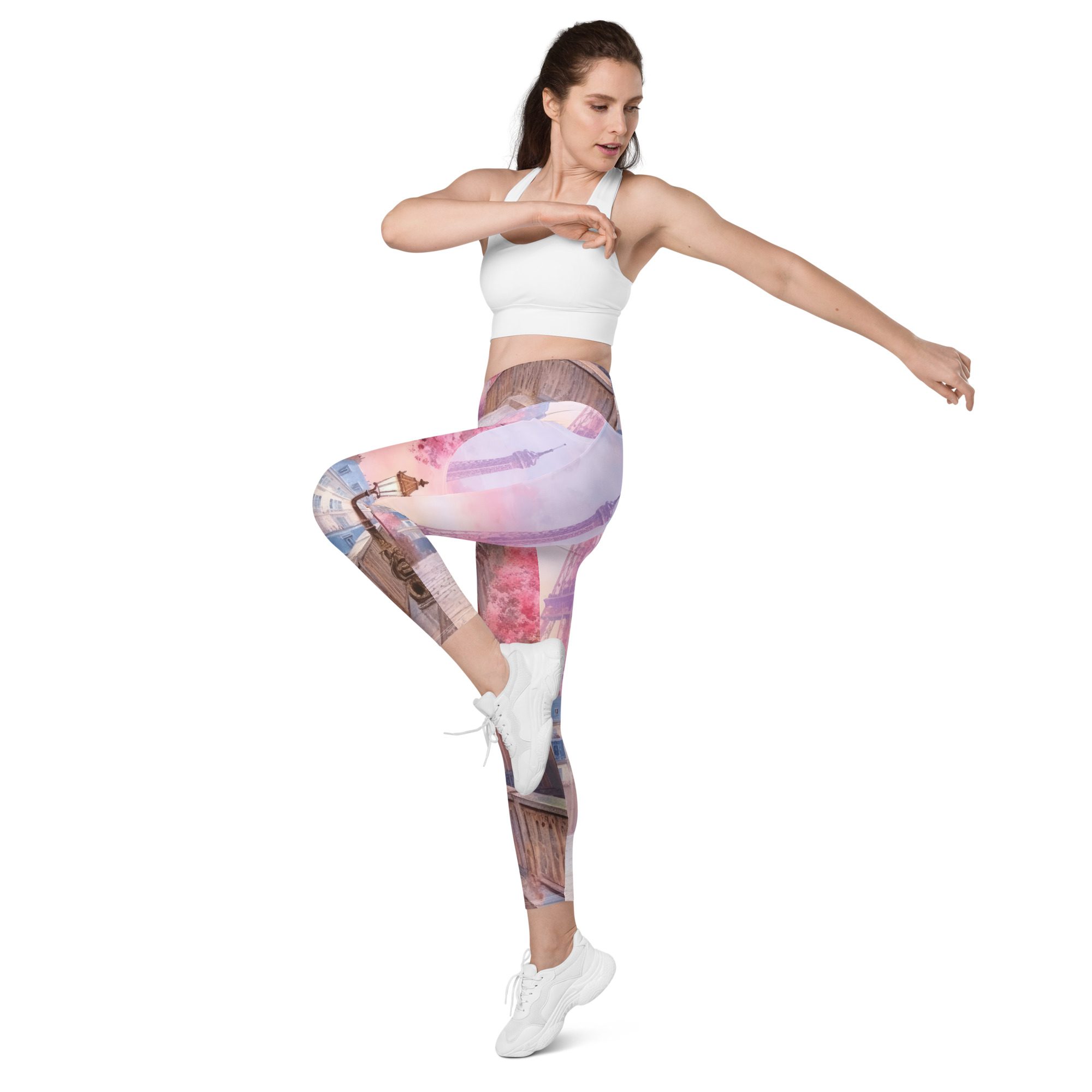 Leggings with pockets in Pink Paris Tour Eiffel Bridge Flowers design - Image 8