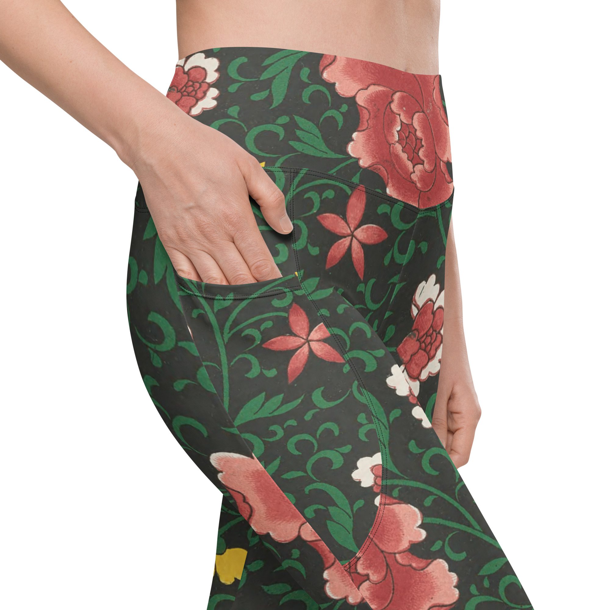 Nature's Mystery Floral Glamour Leggings with pockets Eco-Friendly with Red Peony Design - Image 6