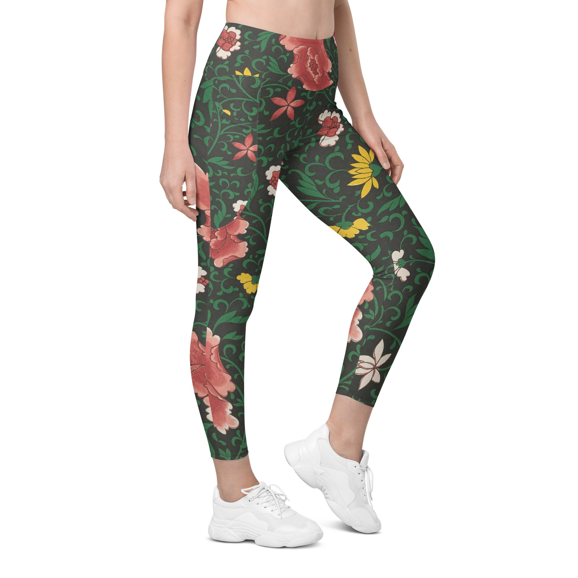 Nature's Mystery Floral Glamour Leggings with pockets Eco-Friendly with Red Peony Design - Image 8