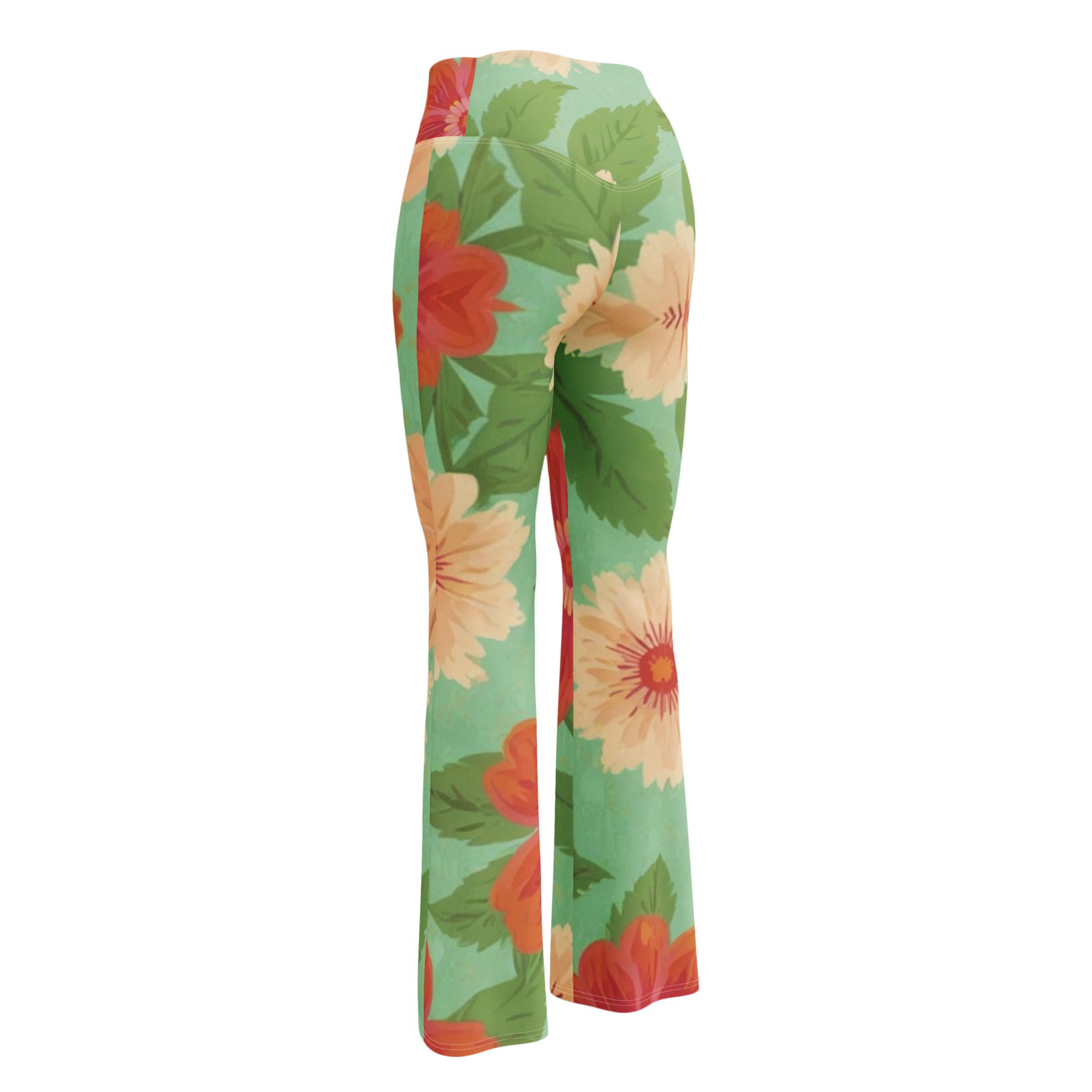 Recycled Artful Flare Leggings Elegant Green Background with Floral Patterns Elevate Your Style with Eco-Friendly Elegance