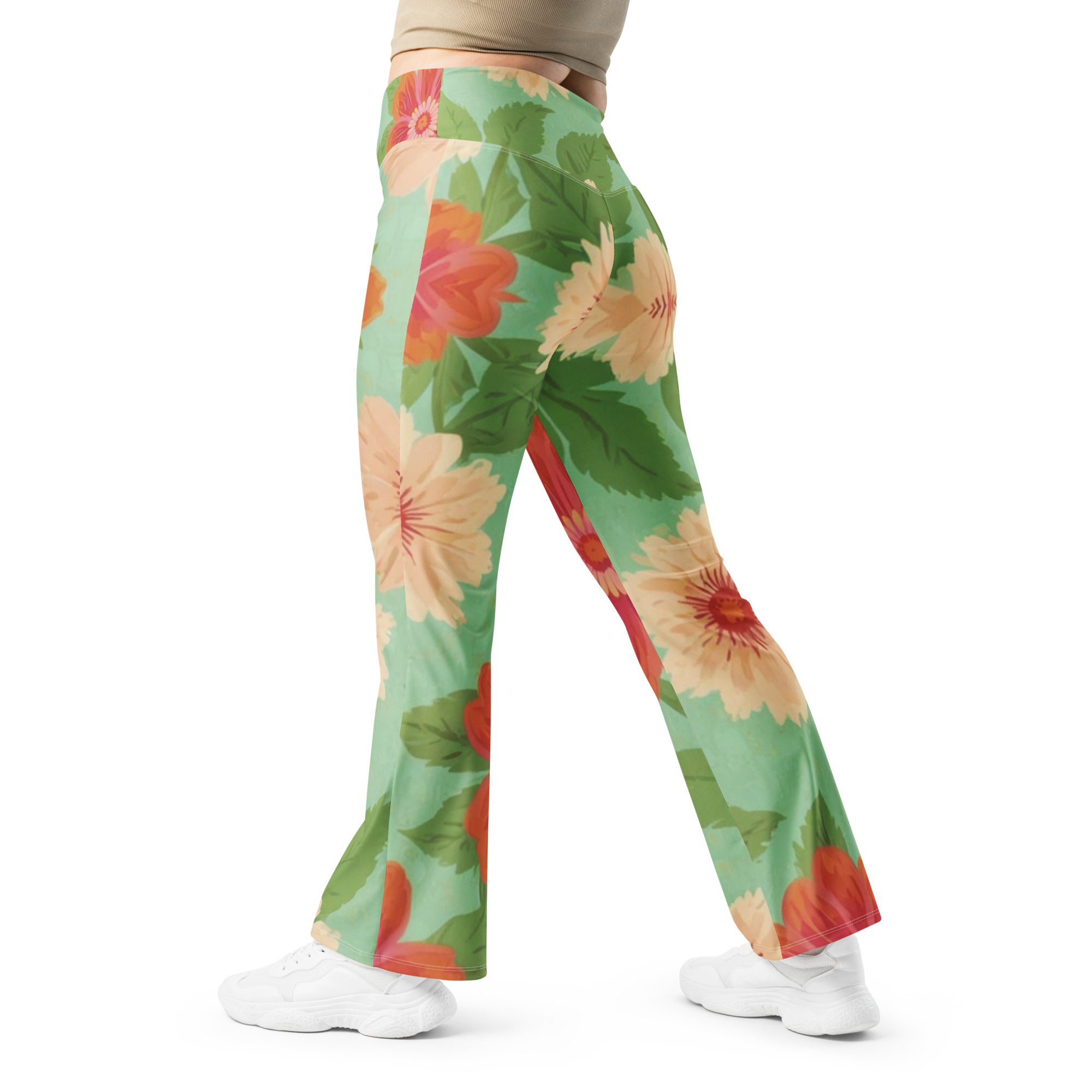 Recycled Artful Flare Leggings Elegant Green Background with Floral Patterns Elevate Your Style with Eco-Friendly Elegance