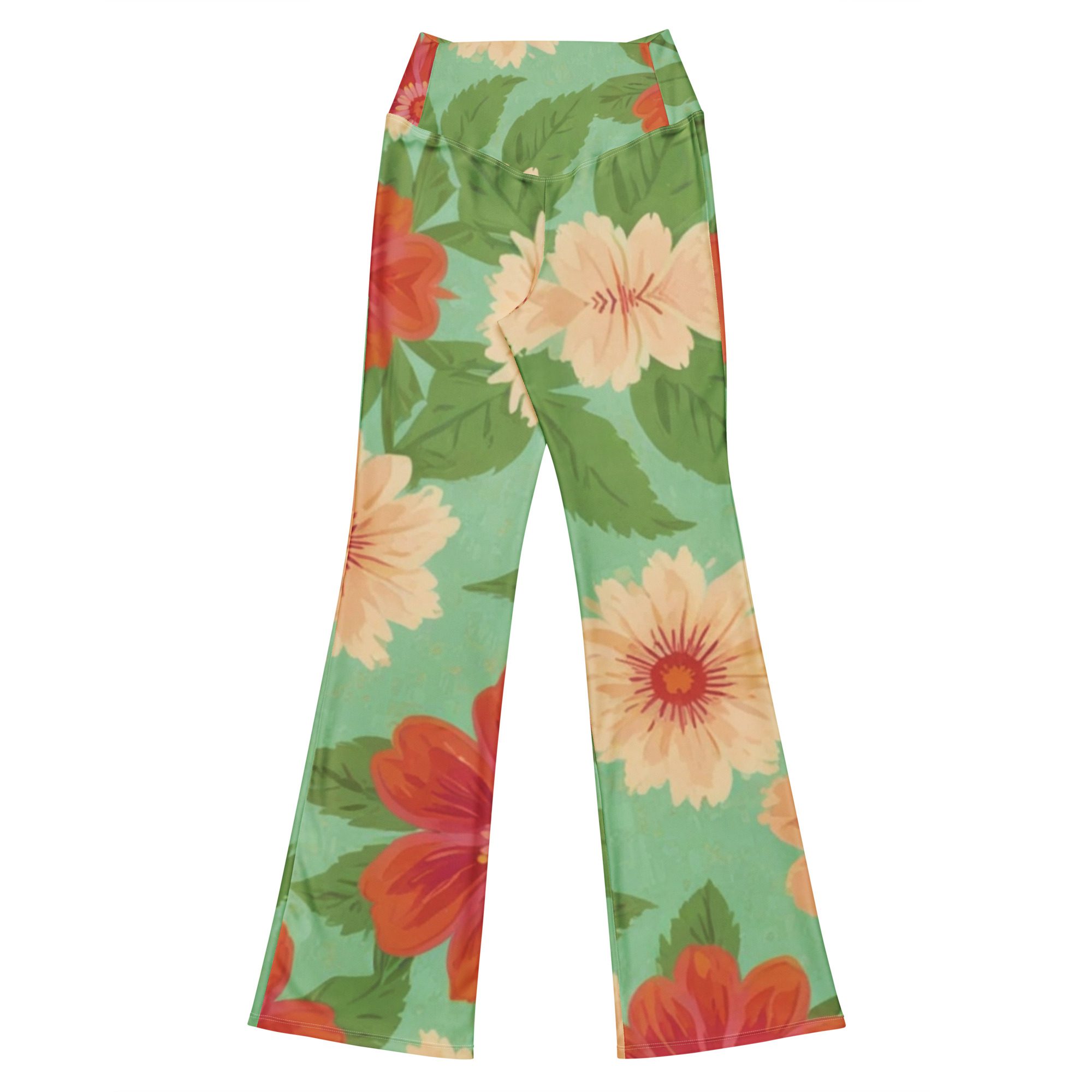 Recycled Artful Flare Leggings Elegant Green Background with Floral Patterns Elevate Your Style with Eco-Friendly Elegance