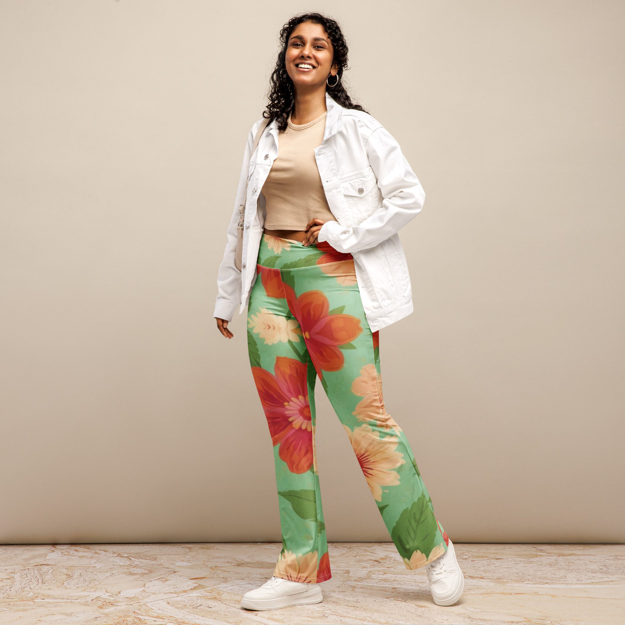 Recycled Artful Flare Leggings Elegant Green Background with Floral Patterns Elevate Your Style with Eco-Friendly Elegance