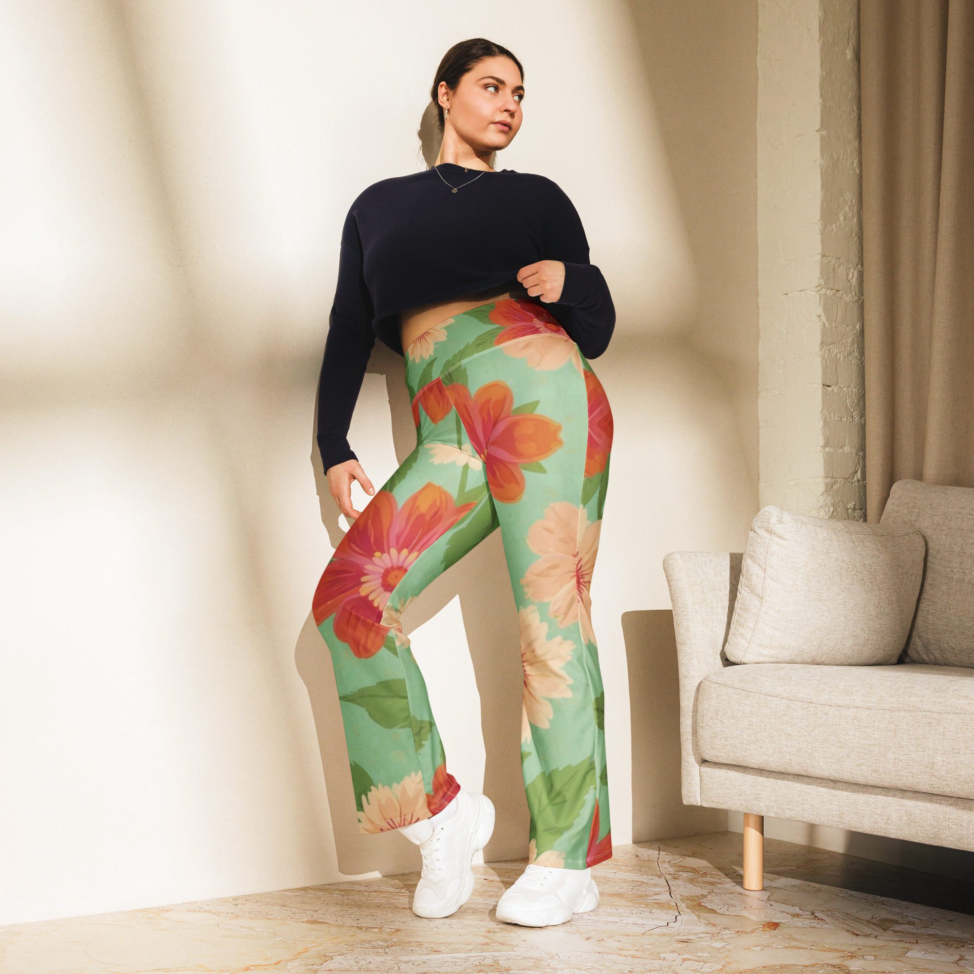 Recycled Artful Flare Leggings Elegant Green Background with Floral Patterns Elevate Your Style with Eco-Friendly Elegance