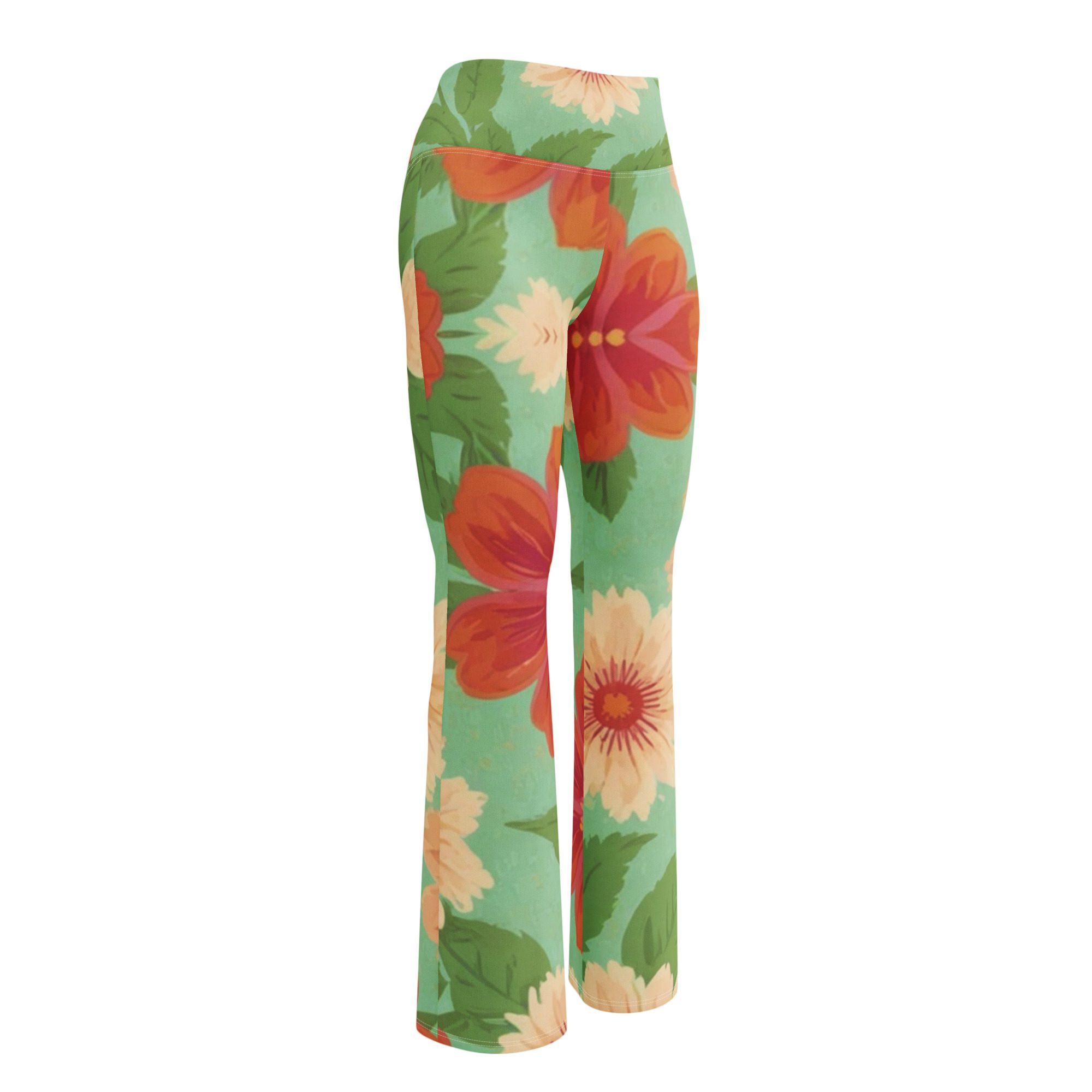 Recycled Artful Flare Leggings Elegant Green Background with Floral Patterns Elevate Your Style with Eco-Friendly Elegance