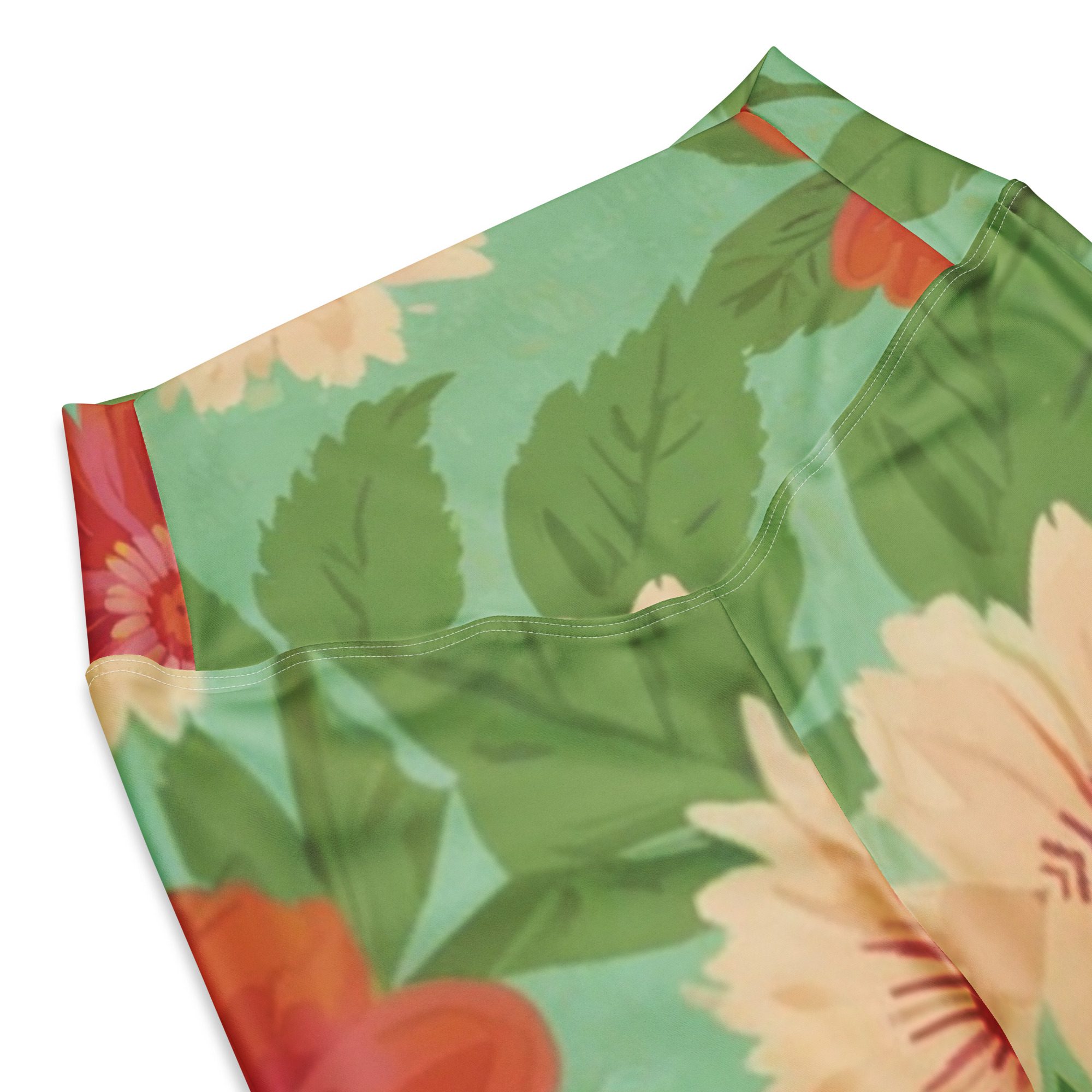 Recycled Artful Flare Leggings Elegant Green Background with Floral Patterns Elevate Your Style with Eco-Friendly Elegance
